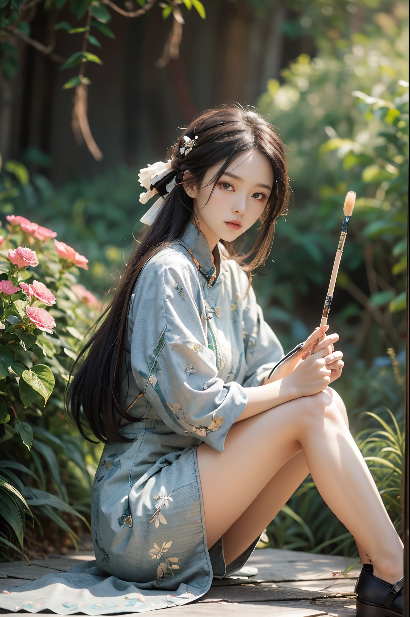 signatures, jewely,extremely detaild的 CG unified 8k wallpapers,tmasterpiece, Best quality at best, ultra - detailed, 美丽细致的眼睛:1.2,best illuminate, (The best shadow, Extremely Delicately Beautiful, full bloom),(tmasterpiece:1,2), Best quality at best, tmasterpiece, A high resolution, Original, very detailed wallpaper, perfect litthing,(extremely detremely detailed CG:1.2), painting of a, paint brushes, Sit Pose, Cross ed leg