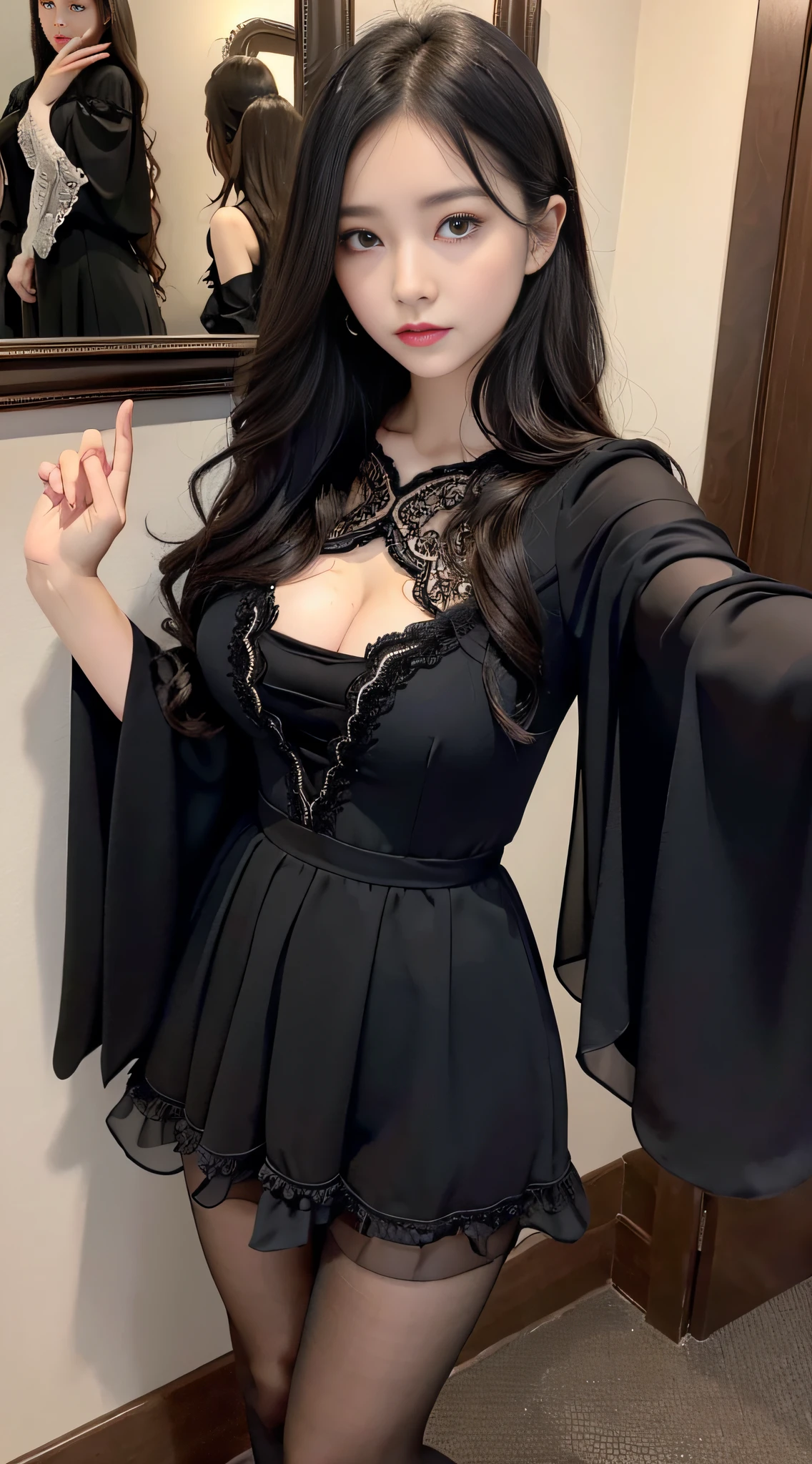 Ultra-detailed、Fascinating beauty、Dainty woman、Cool Girl、Wavy Hair、Black chiffon dress、Wide sleeves、flered skirt、Evil Female Executive、Evil Fall、brainwash、pantyhose、lacy fabric、Glossy legs、lipsticks、Evil look、Suspicious look、Hollow eyes、wicked、Reaching out、Over Head Shot、selfy