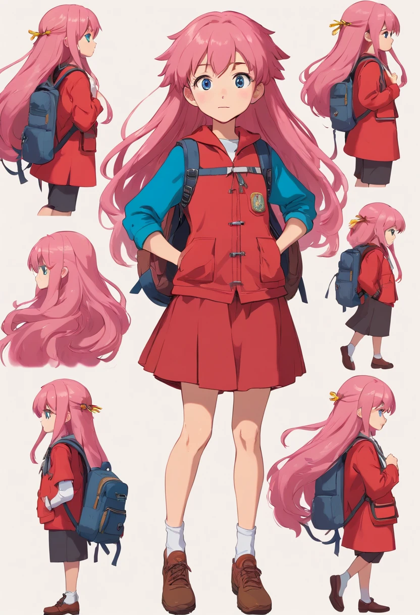 10 year old girl named Beverly Chandra with long flowy pink hair, blue eyes, dressed with red suit and backpack. ((character design sheet)) ((((different poses different angles))))
