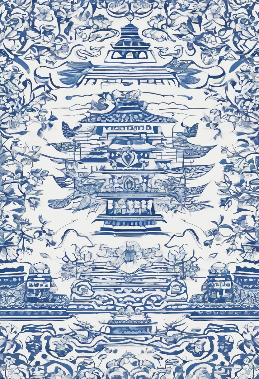 Gorgeous patterns，Chinese motif，Traditional pattern，Blue and white porcelain traditional pattern，Combining geometric patterns with animal and plant patterns