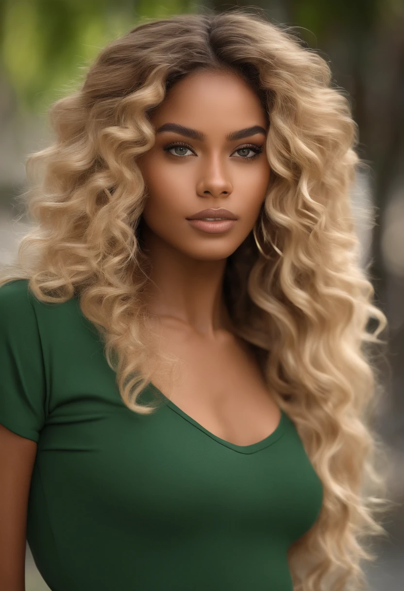 "Ultra-realistic image of a beautiful 21-year-old Afro-Latin girl, Caramel skin, perfect body, strong chest, thin nose, Thin waist, blonde hair, loose wavy hair Caribbean, piercing green eyes. hyper-realistic, correct anatomy Facial features are carefully represented Free loose wavy blonde hair, (yard, loose wavy blonde hair), Long loose wavy blonde hair, versatile hair, yard, loose wavy blonde hair, loose wavy blonde hair, loose wavy hair spread out, loose wavy Hair texture, loose wavy