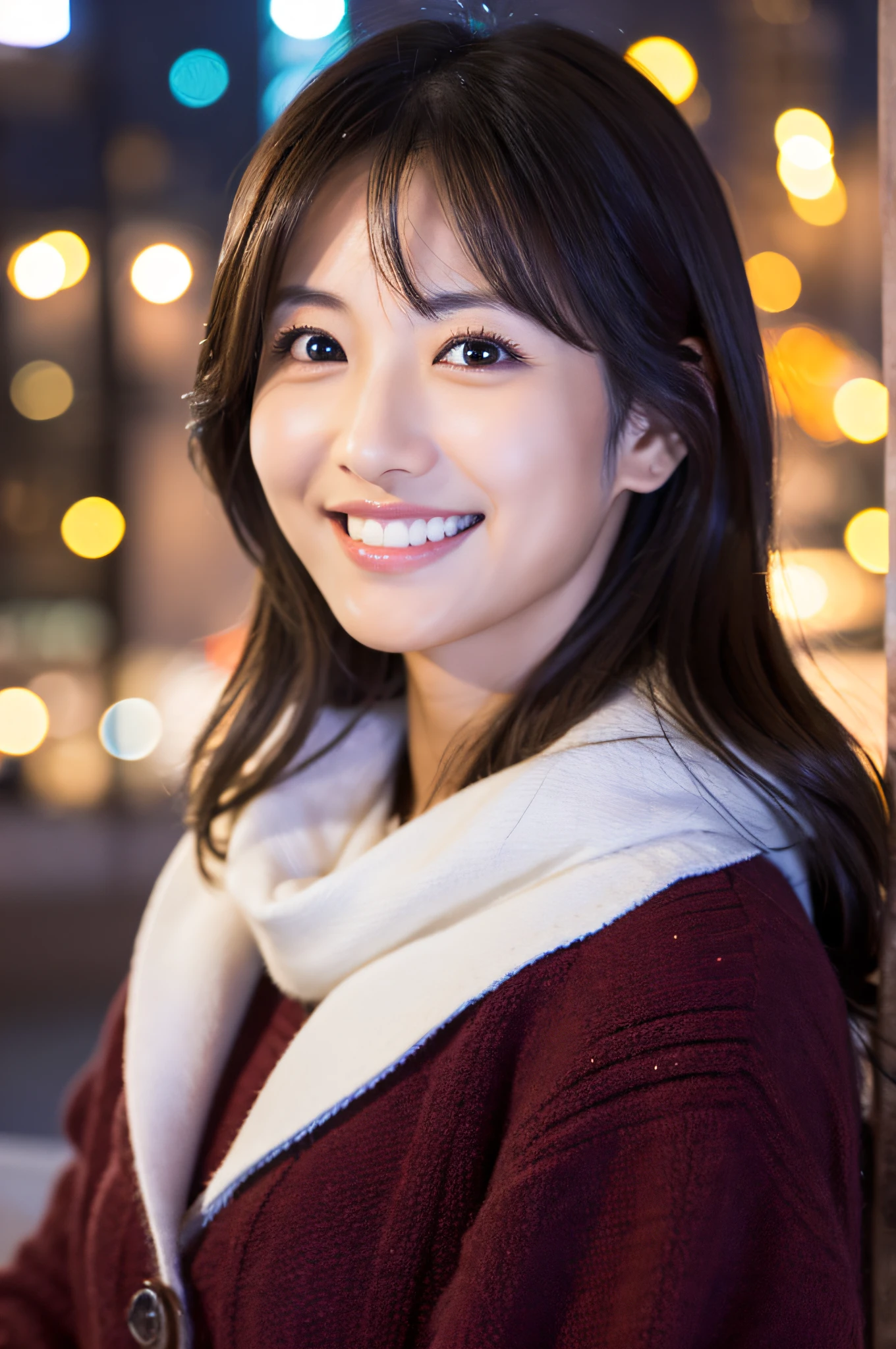 A Japanese milf, photo of one girl, Slender figure, Realistic teeth, double eyelids, smile, full-body, masterpiece, best quality, detailed, beauty, night, Illumination, winter