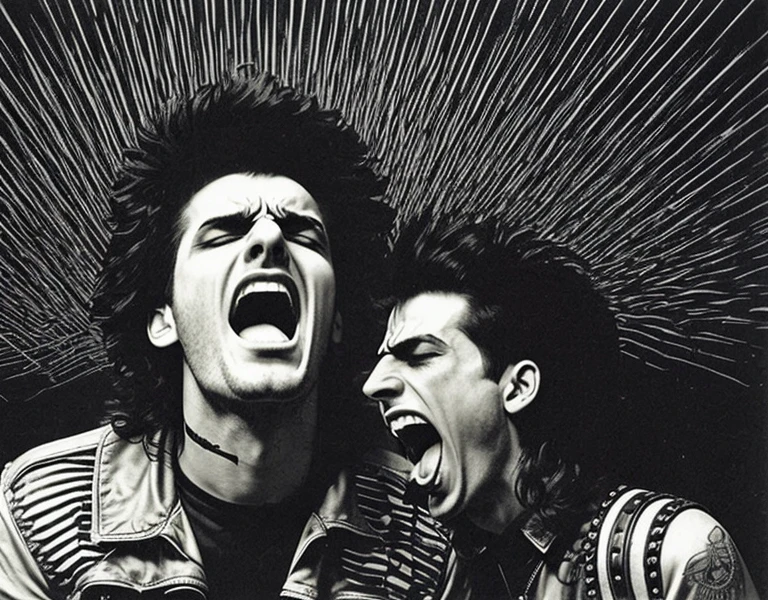 Man screaming sound waves out of his mouth, in the 80s gothic punk theme