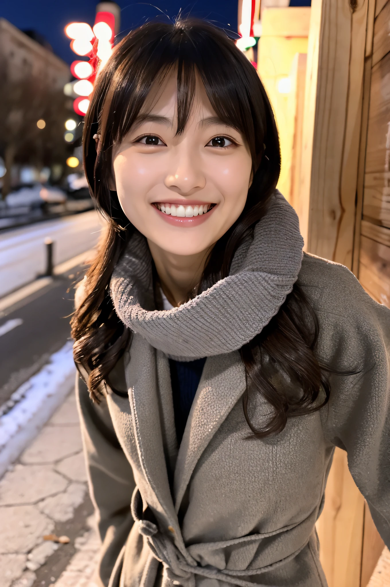 A Japanese milf, photo of one girl, Slender figure, Realistic teeth, double eyelids, smile, full-body, masterpiece, best quality, detailed, beauty, night, Illumination, winter