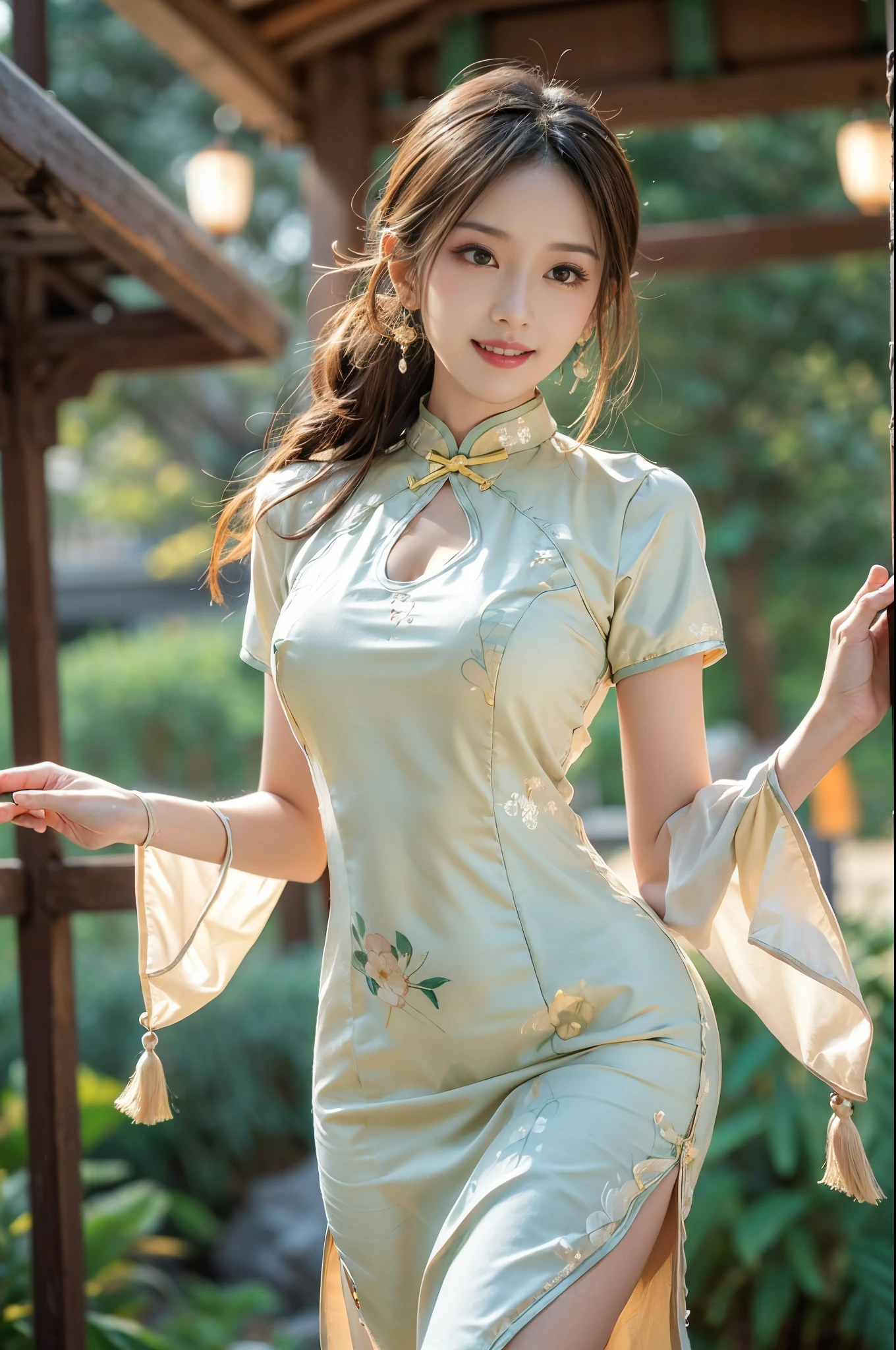 ((knee shot)), Shot from a random perspective, ((actual)), 1 Asian female model, A young girl, (closeup cleavage), the night, themoon, (In the gazebo, Stand up, standing on your feet, Leaning against the guardrail), Pleasing posture, Various postures attract attention, detailed scene, slender leg, curlies, hair pin, beautiful hair ornaments, Brownish-yellow hair, light make-up, blush blush, gloss on the lips, ((on cheongsam, Cheongsam beauty)), (white colors, Light yellow, light pink, cyan colors), ((warmly lit, Warm color palette)), (Extremely high color saturation), detailed detail, ultra - detailed, (tmasterpiece, Best quality), (An extremely delicate and beautiful work), elaborate earrings, delicatenecklace, simple blurr background, Extremely detailed description, Ultra-fine painting, s delicate face, slim toned body, Slimming the waist, (happy grin), (Anatomical correct)