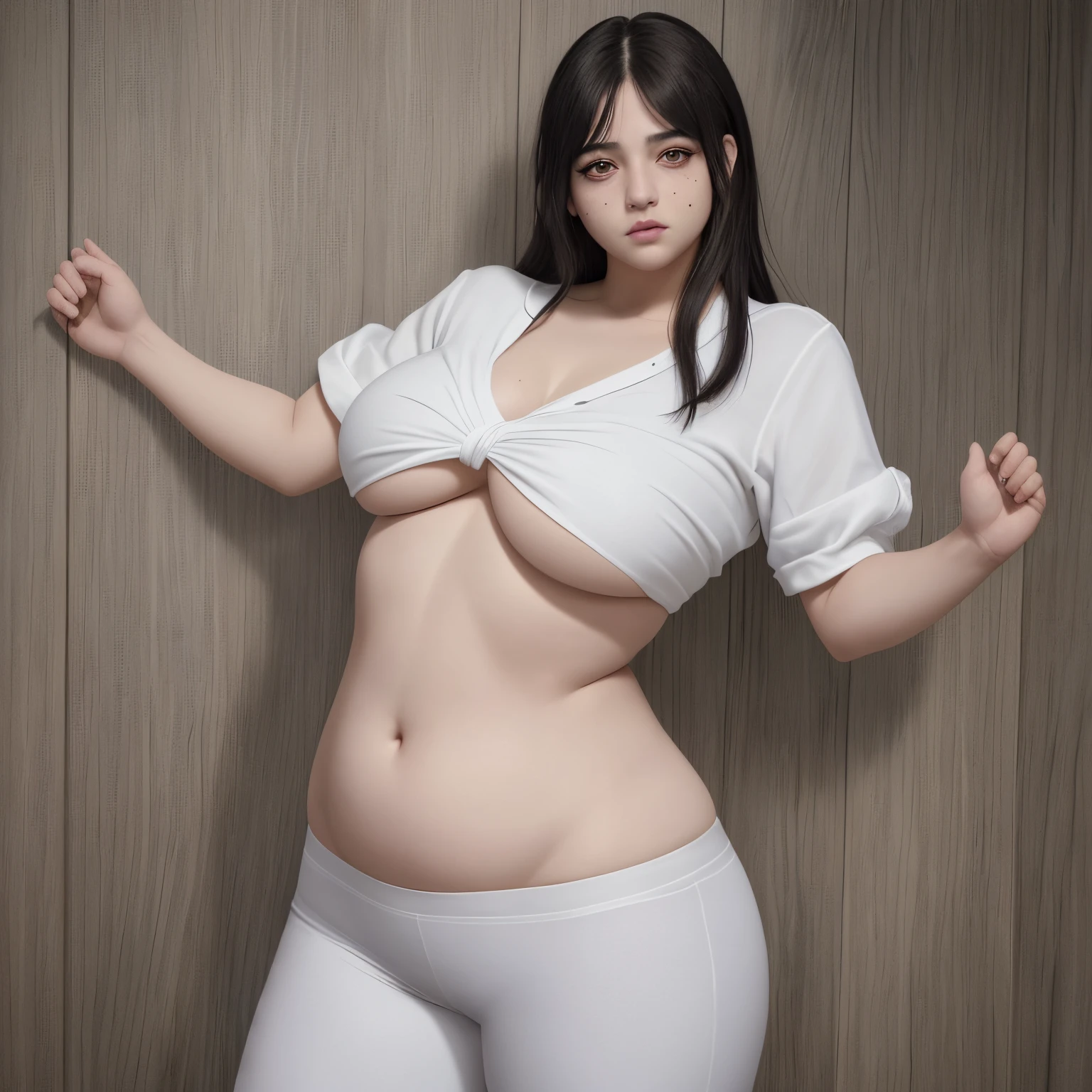 NSFW (Ultra Real), (illustration), (High resolution), (8k), (muy detallado), (best illustration), (hermosos ojos detallados), (La mejor calidad), (Ultra detallado), (Obra maestra), (papel tapiz), (Cara detallada), Solo 1 Chica, gordita, cuerpo voluminoso y con curvas, cabello blanco ondulado, Coreano, Iris Heterochromic eyes, Small moles under eyes, Camisa blanca, pantalones de yoga, la ropa queda apretada, piernas largas y gruesas, barriga regordeta, Dedos de camello, dynamic pose,enorme, escote, Parte inferior del cuerpo gordo, sobrepeso