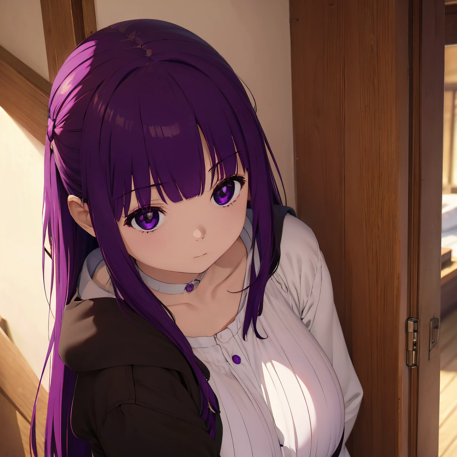 An ultra-high picture quality、Best Quality、in a house、Chest visible、write。she tries to squeeze his genitals with her breasts。(beautiful girl with purple hair)、Flip up clothes to show your breasts。top-quality、Soft light