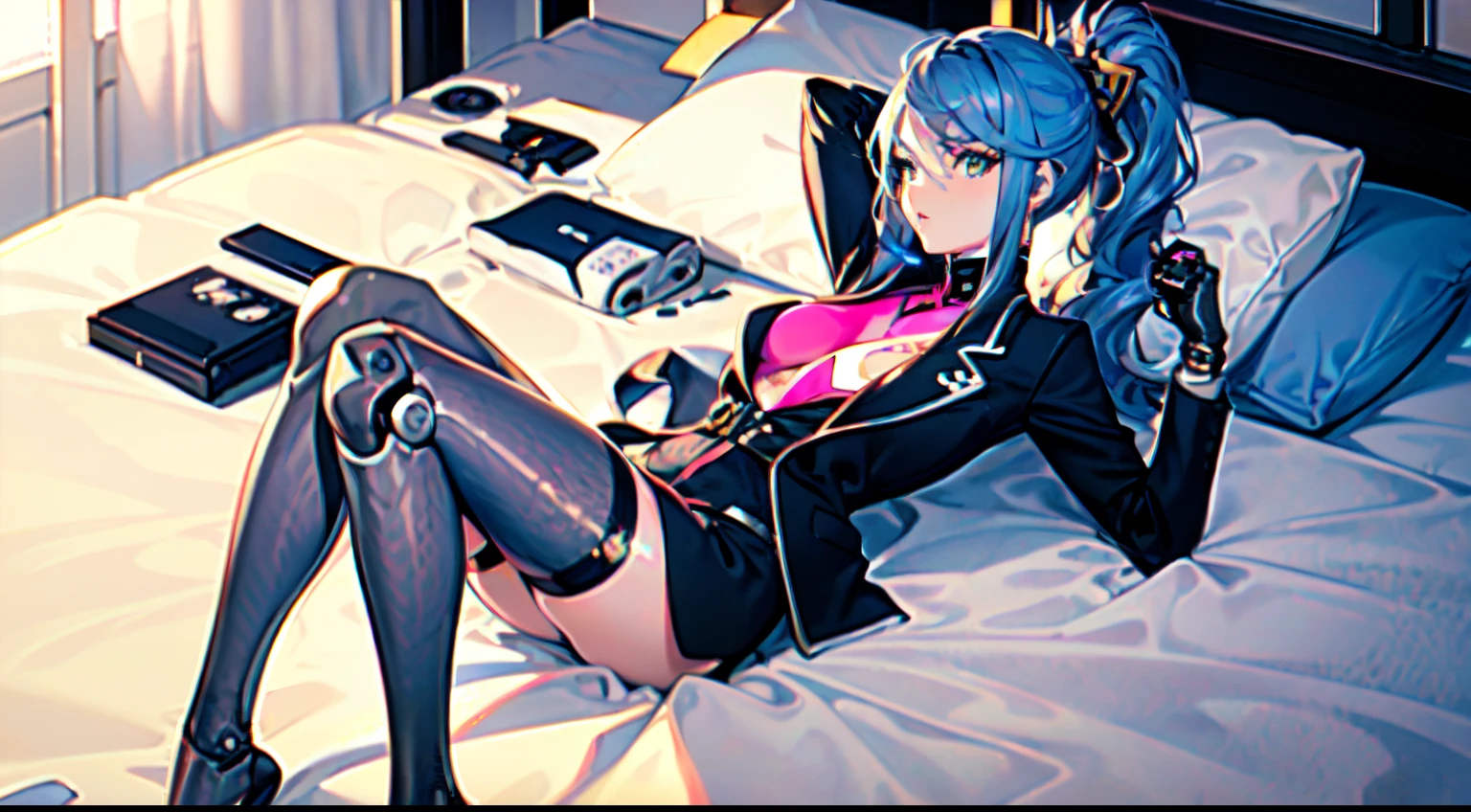 (extremely details CG), (best quality), 1girl in, Perfect face, Shiny skin, Lustrous skin, wide hips,narrow waist, Miku Kohinata,Bangs,mask,Helmet,blue eyess,Detached sleeves,purple gloves,body suit,Leotard figure,thigh elbow gloves,Bare shoulders,bite into,1girl in,Black hair, short hair, Naked girl lying on the bed, Indoors,
