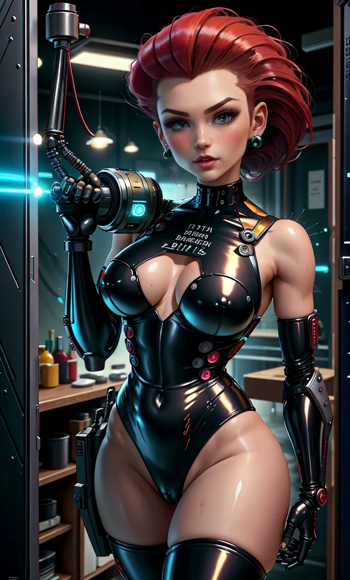 (best quality, altamente detalhado:1.3), (master part:1.3), ((Arte Oficial)), Robotic Parts, cybernatic, cyber girl, Rosto detalhado, beautiful face, (Olhos detalhados, olhos perfeitos, olhos profundos), (1girl:1.33, sozinho), mechanical arm prosthesis, mechanical leg prosthesis, Jessie\(Pokémon\), (cabelos muito longos, NSFW, grandes, cintura estreita, red hair, slicked back hair:1.2), (olhos verdes), Brincos, licking lips, foguete da equipe, equipe Rocket Outfit, Corte branco, minissaia branca, diafragma, umbigo, luvas de cotovelo pretas, coturnos pretos de salto alto, (cowboy shot:1.3)