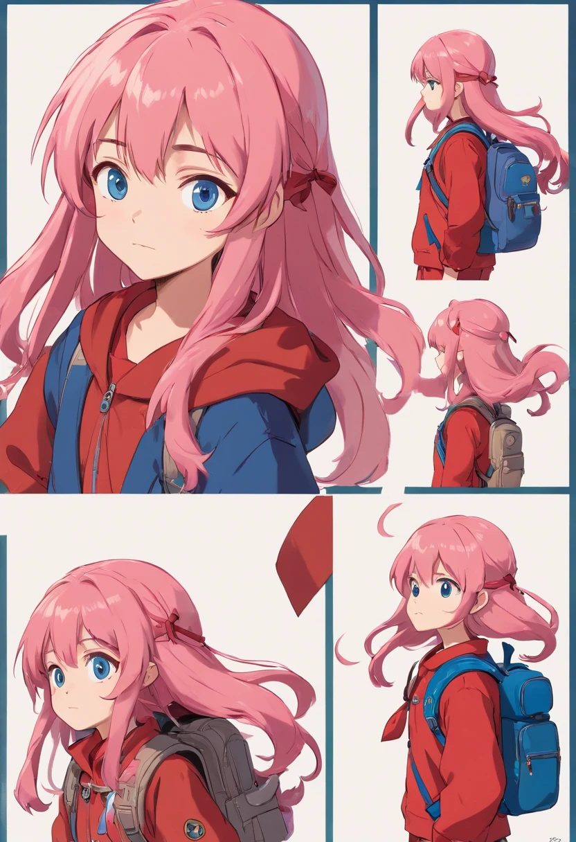 girl named Beverly Chandra with long flowy pink hair, blue eyes, dressed with red suit and backpack. ((character design sheet)) ((((different poses different angles))))