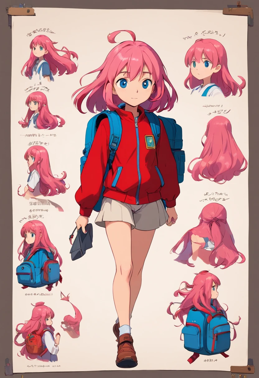 10 year old girl named Beverly Chandra with long flowy pink hair, blue eyes, dressed with red suit and backpack. ((character design sheet)) ((((different poses different angles))))