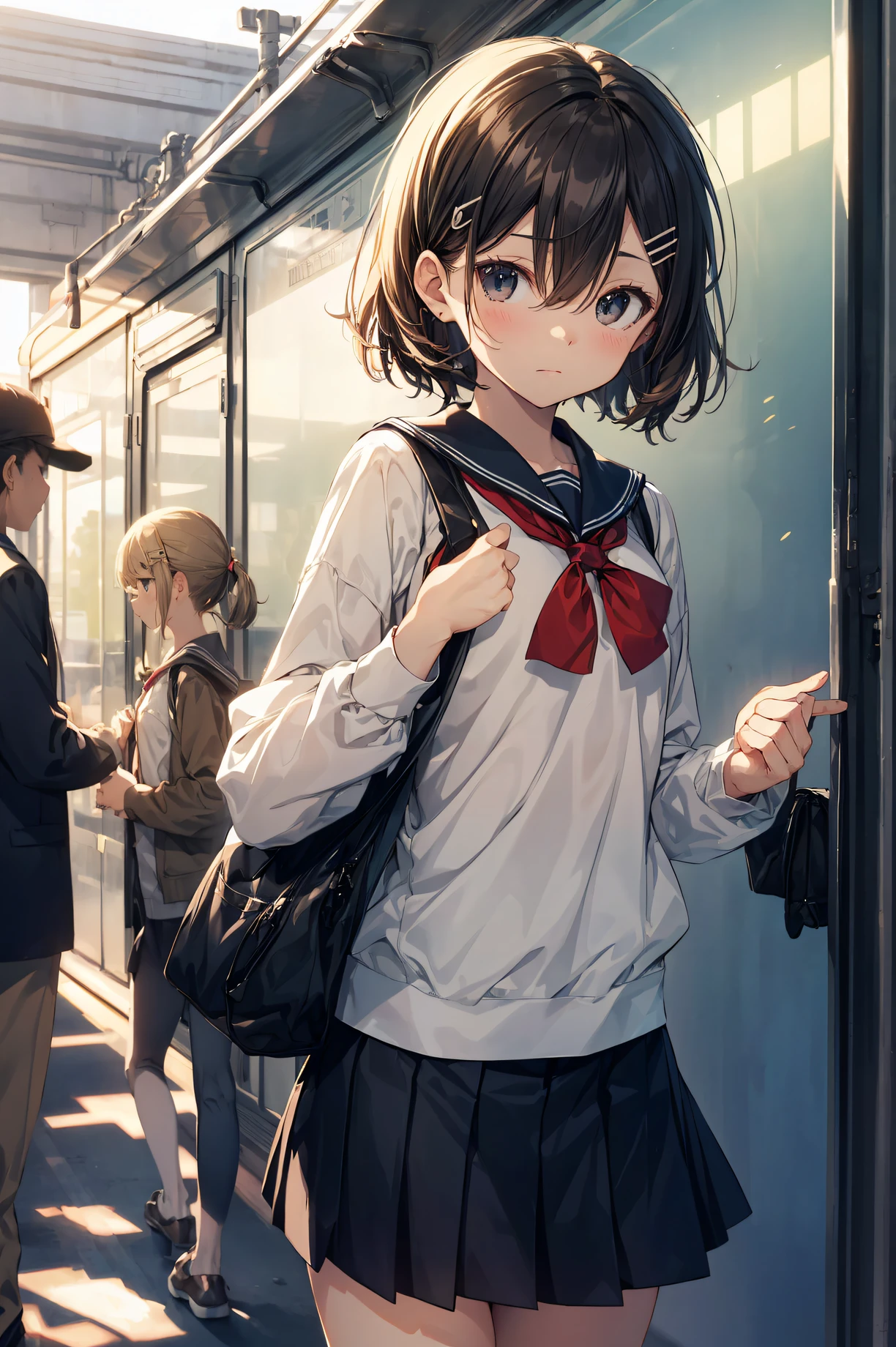 top-quality, anime moe art style,Best Anime 8K Konachan Wallpapers,Pixiv Contest Winner,Perfect Anatomy, (Draw a girl sleepily walking to school. ),BREAK, 1girl in, (Solo,Lori,,13yea:1.3),High school students, Short hair, Forehead, (Hair over one eye:1.4),Full limbs, complete fingers,medium breasts, groin, Small eyes,Precise black eyes, hair clips, Sailor Uniform, Skirt,Summer route to school. BREAK,Ultra-detailed,High resolution,super detailed skin, Professional Lighting,8k eye details, (Cute illustration:1.2),