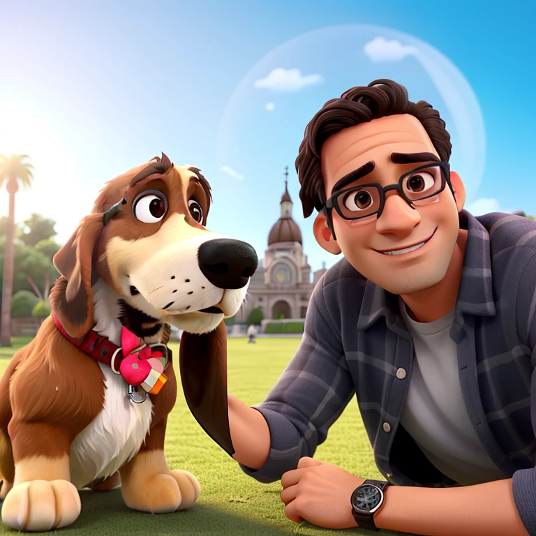 very beautiful man, 40 years old, Cabello negro corto, dark brown eyes, gafas, con un perro a su lado izquierdo