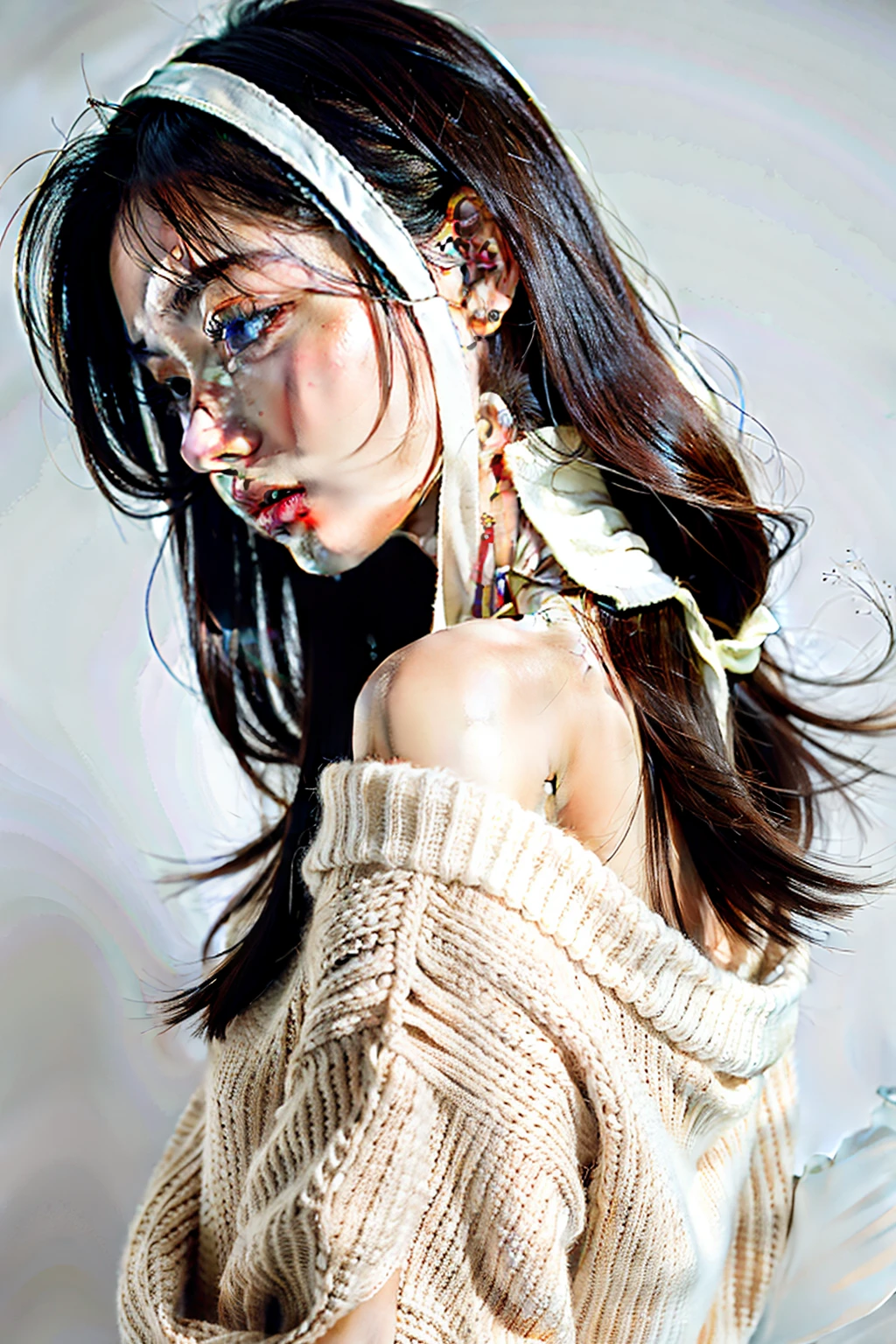 1girl in,Sweaters,White background,Turn your back so that you can see a little of your face,Glossy hair