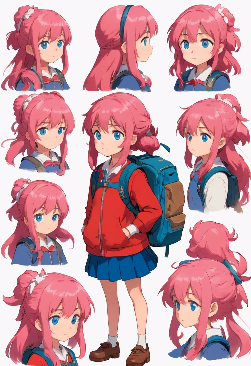 10 year old girl named Beverly Chandra with long flowy pink hair, blue eyes, dressed with red suit and backpack. ((character design sheet)) ((((different poses different angles))))