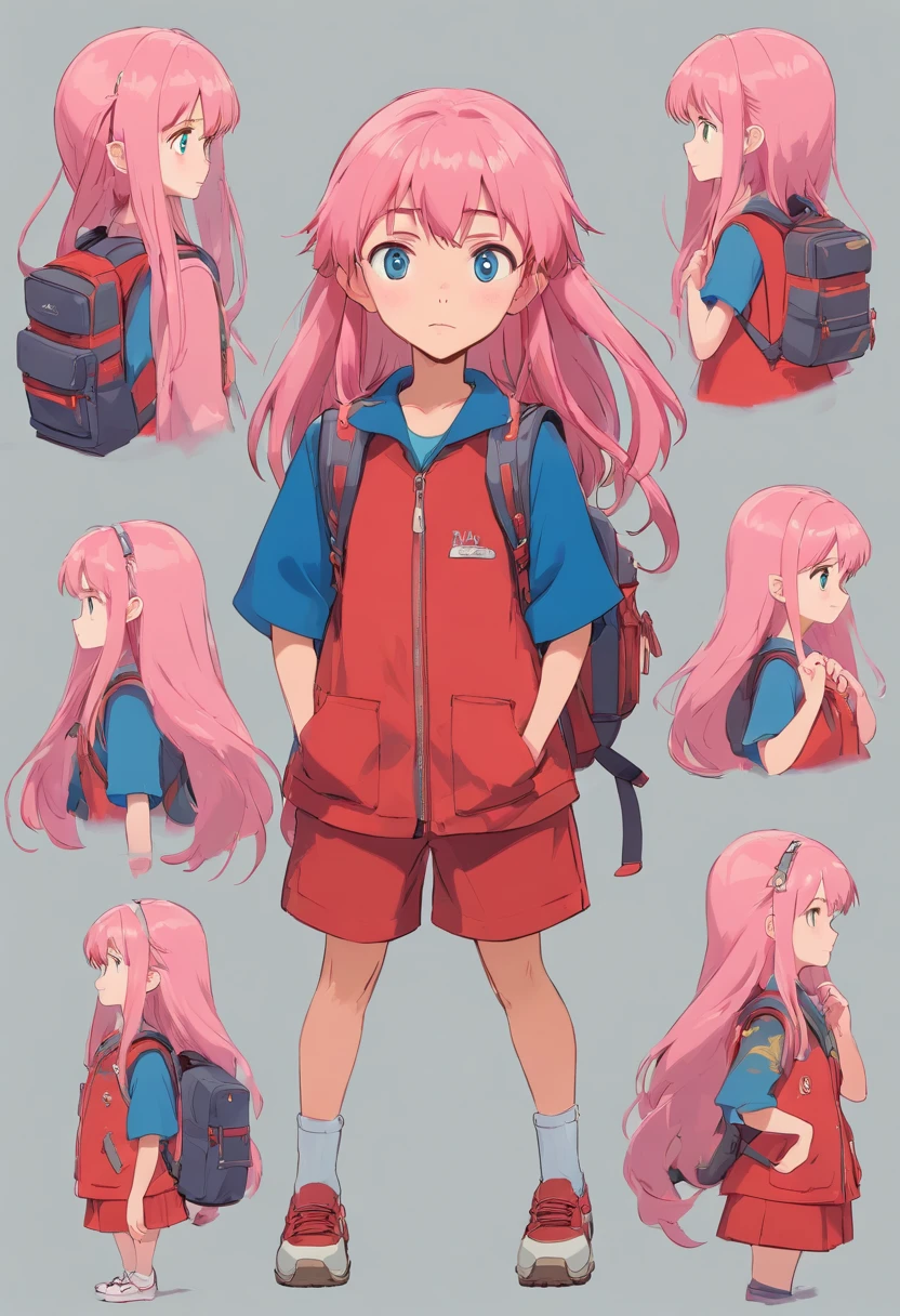 10 year old girl named Beverly Chandra with long flowy pink hair, blue eyes, dressed with red suit and backpack. ((character design sheet)) ((((different poses different angles))))