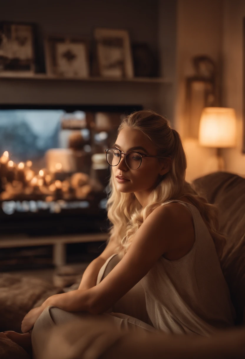 detailed, realistic, cinematic camera, beautiful blonde girl with a ponytail, sitting on the couch, enjoy watching Netflix, eating popcorns, wearing glasses, cozy living room, soft natural lighting, comfortable atmosphere
