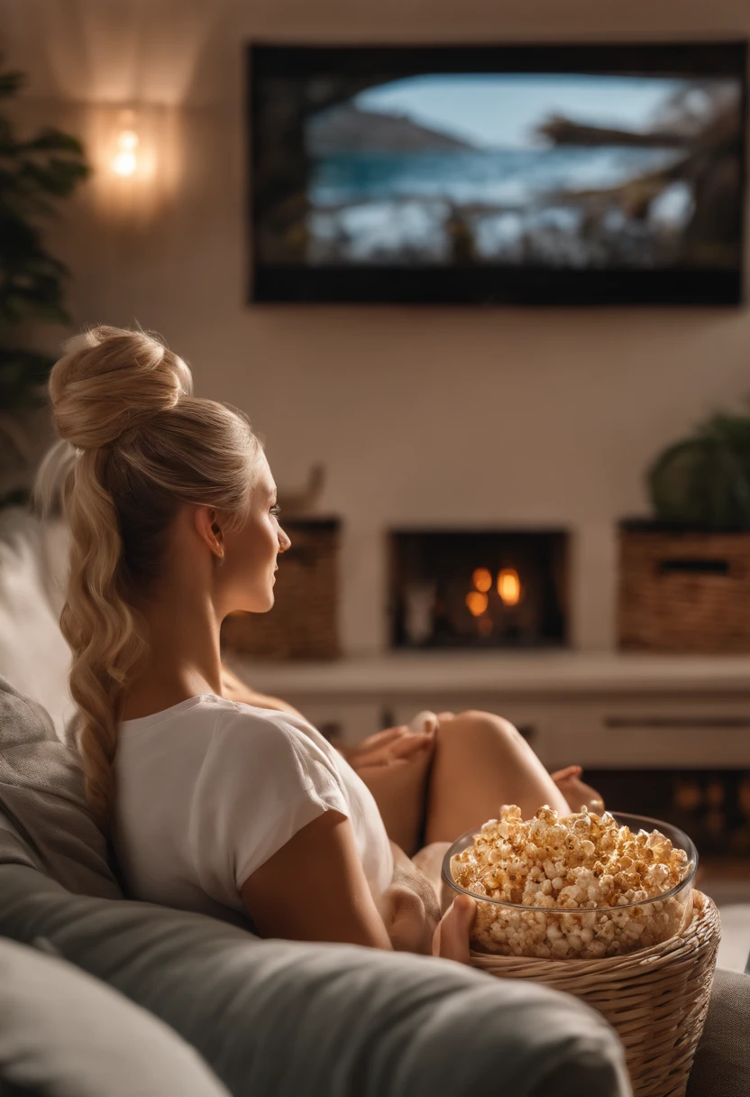 detailed, realistic, cinematic camera, beautiful blonde girl with a ponytail, sitting on the couch, enjoy watching Netflix, eating popcorns, wearing glasses, cozy living room, soft natural lighting, comfortable atmosphere