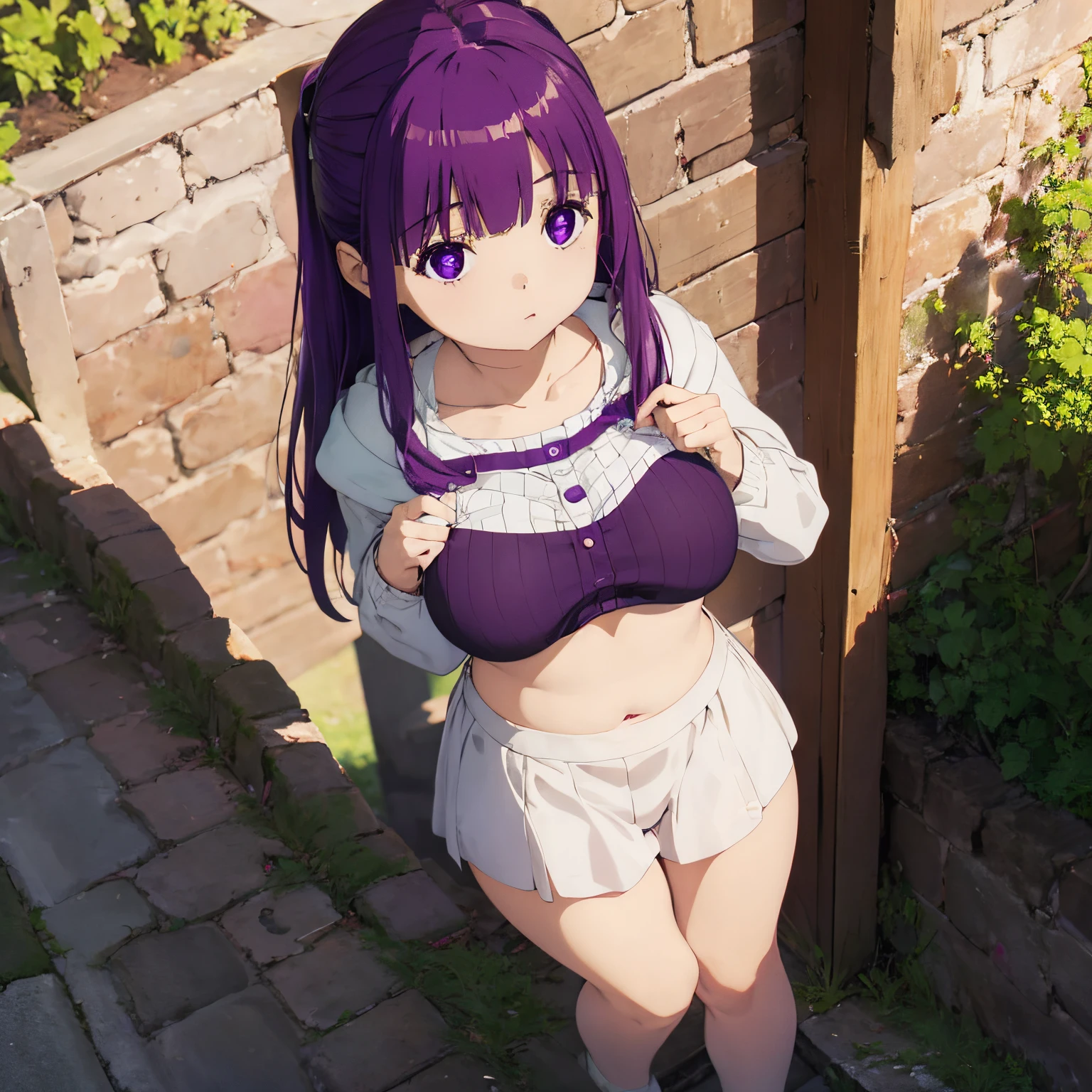 An ultra-high picture quality、1 girl in、Best Quality、in a house、Chest visible。near。She tries to squeeze his genitals with her plump breasts。(Beautiful girl with purple hair)、she turns her clothes upside down and shows her breasts。top-quality、Soft light