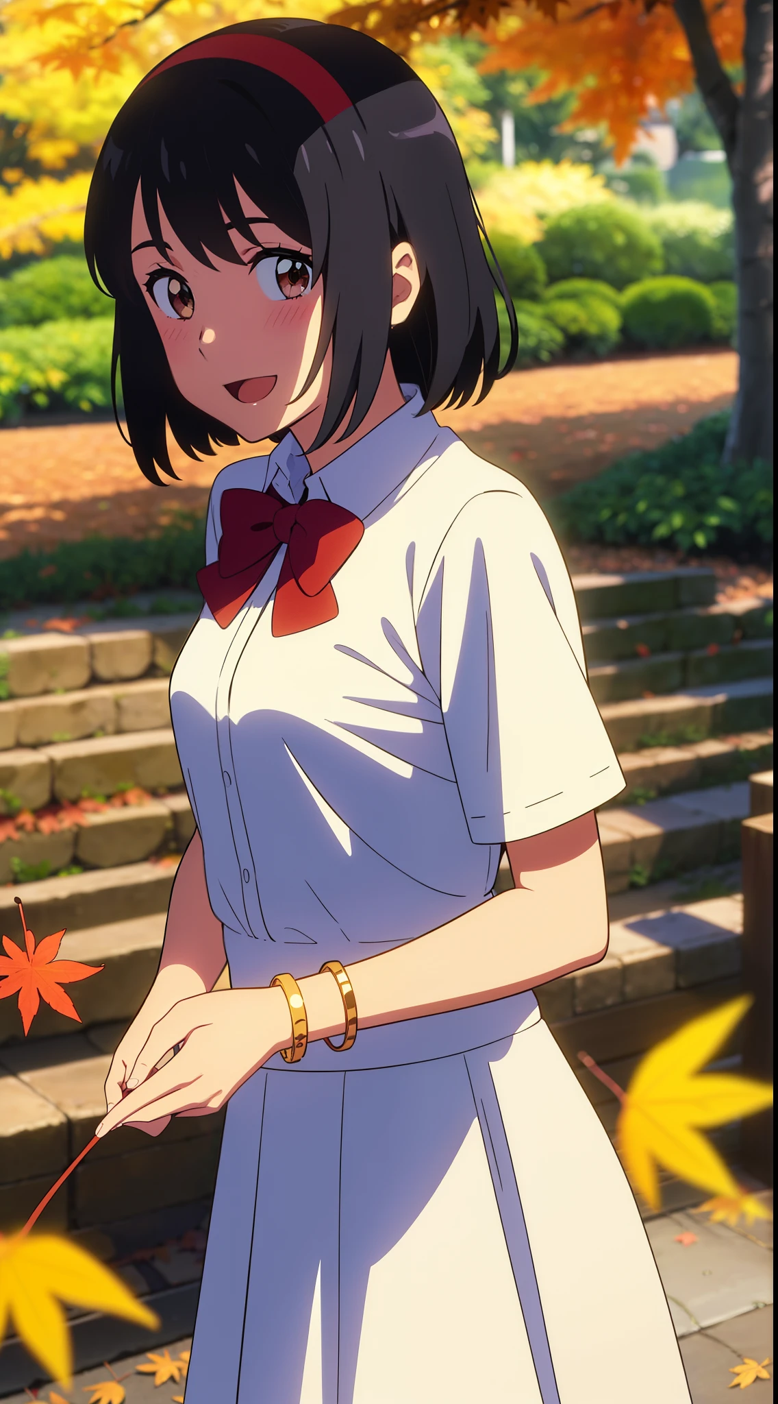(masterpiece, best quality, high quality, highres, ultra-detailed), shinkai makoto, kimi no na wa., 1girl, bangs, black hair, blush, bright eyes, brown eyes, headband, looking at the viewer, red bow, red headband, red ribbon, dress, white dress, short hair, medium breasts, solo, day, Outdoors, shiny skin, standing, shadow, smile, happy, :D, bracelet, upper-body, {{{{{{in autumn}}}}}}, maple tree, falling leaves, autumn scenery, warm color., beautiful, pretty, {{{{fluttering leaves}}}}