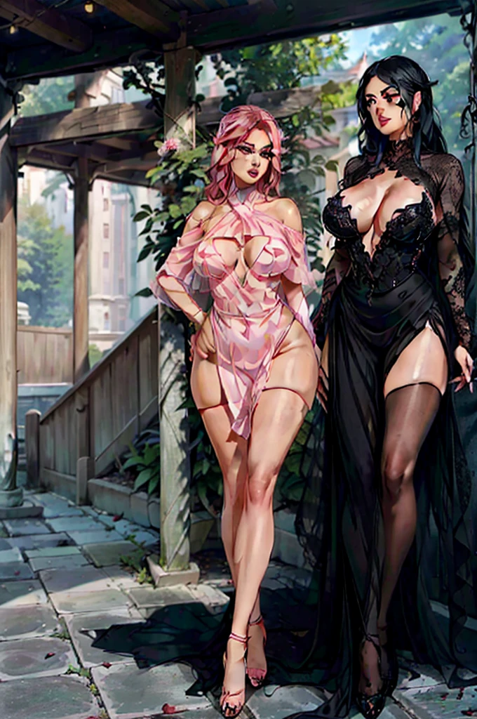 ((Award-winning photorealistic digital masterpiece of hyperrealism)), ((insanely highly detailed, complex, intricate, perfect rendering.)) solo, Full body of an Extremely beautiful (((60 years old mature woman))). She's an evil empress. (((colored skin, dark skin, dark skinned, shining pink intricate hair, red lipstick, black eyeshadow))) She's lovestruck. She's wicked. She's loving. She's selfish. She's manipulative. She's a wise natural femme fatale, always oozing an unconscious seductive atmosphere. She's tantalizingly sensual without effort at all, due to her elegant poise and Very classic very Feminine behavior. Her facial expression is of love. Her facial expression is of loving. Her facial expression is of being lovestruck. Her eyes are soft, clear and wanting. Her long hair is glossy and intricately done. Her full, thick lips curve up teasingly in an open breathless smile, provocative rose red lipstick painting them. Her makeup is flawless and professional. Her exotic beauty is dangerous, evocative of womanliness, evocative of femininity. She exudes a Motherly aura. She exudes a Maternal aura. Her hips are big, wide, thicc, child-bearing hips. Her ass is thicc fat and big, her huge buttocks jutting out tremendously, given their extreme projection. Her snatched waist is thin, narrow and cinched, like wasp's. Her slim belly is slender and flat, her abs are flat. Her thighs are thick, shapely, possesing both muscularity and fat. Her calves are toned and sculpted by the heels she wears. She wears complex jewelry and stylish fashionable acessories. She wears sexy lace wrap up heels that go up to midcalf. Her face is mature, loving, regal, maternal, lovestruck, motherly and perfect.