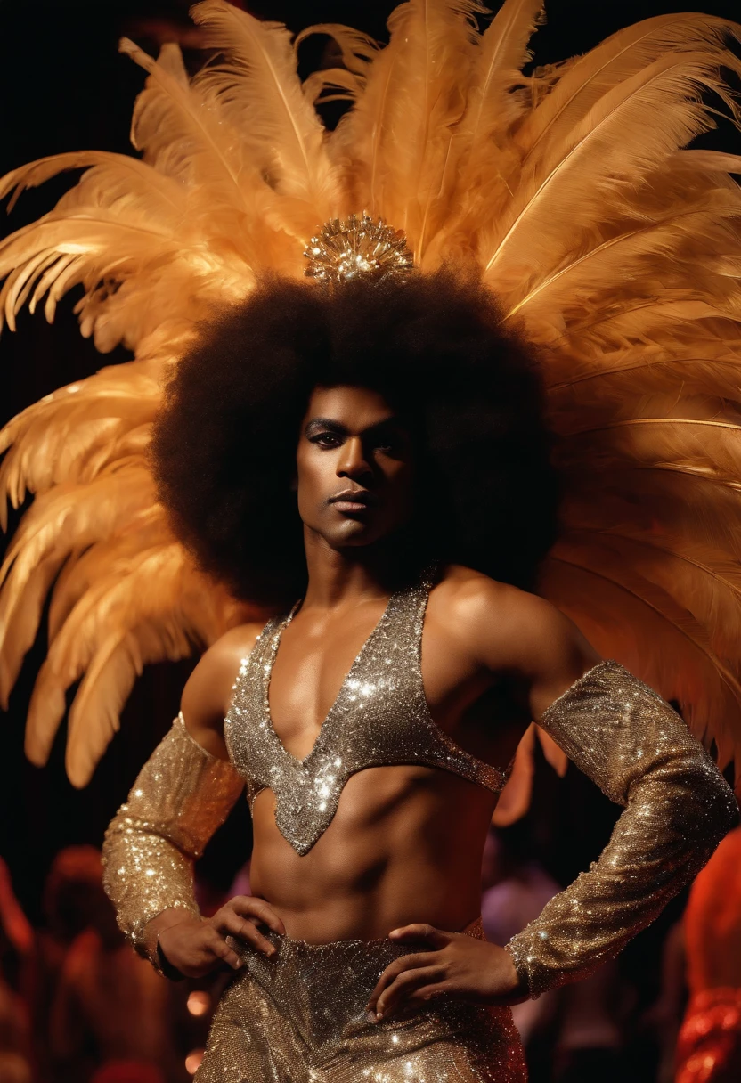 A photo of the character dressed in a dazzling showgirl costume, surrounded by feathers and sequins, striking a pose on the glitzy cabaret stage.,original,He is a black man with a large Afro. He likes to wear gray sweatpants and no shirt. , male