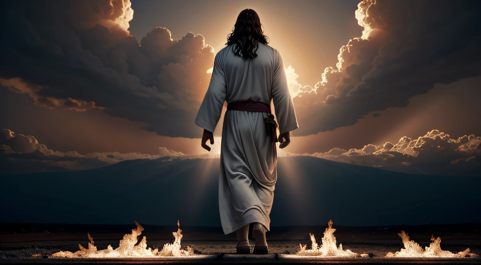 Jesus Cristo aparece como Salvador no dia do julgamento final. Vestidos com roupas brancas, apocalyptic scenery, red sky and burning ground. 4k. realista.