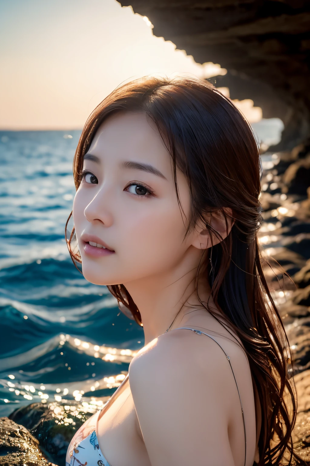 top-quality、8K、32K、masterpiece,)Beautiful woman、Natural look、Look away 、Under the sea、Hair is wet、submerged below the face、The bikini、steam、Soft atmosphere、moment、No makeup、Taken from the side、the sea is shining、evening,Shooting from a distance、casual expression