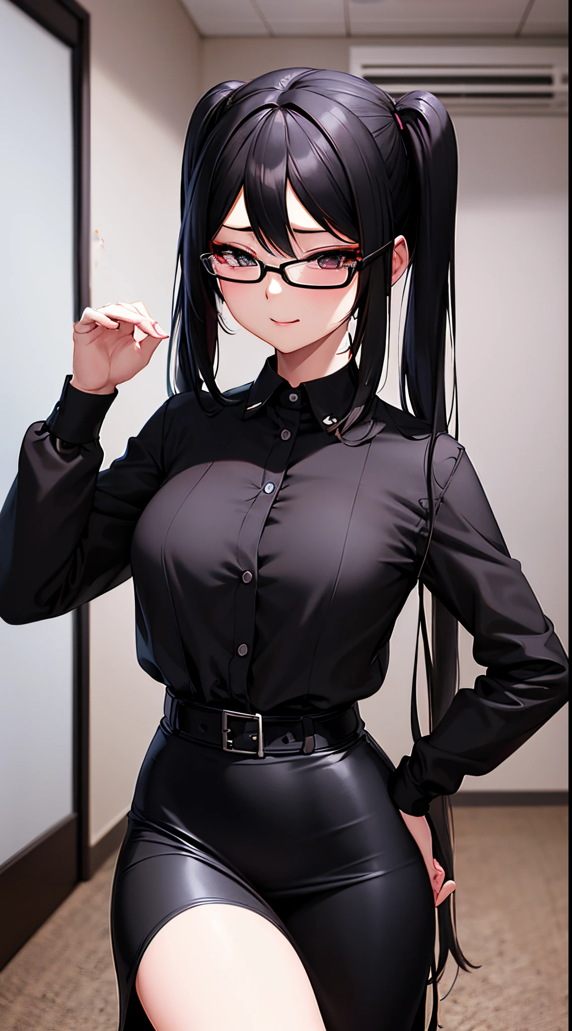 highest quality、Realistic、Women、zoom、cute、Grey Eyes、Black Hair、ponytail、ivory blazer、White blouse、Ribbon、Green checked pleated skirt、Glasses、Arms crossed、Looking down、smile、Bust Shot、