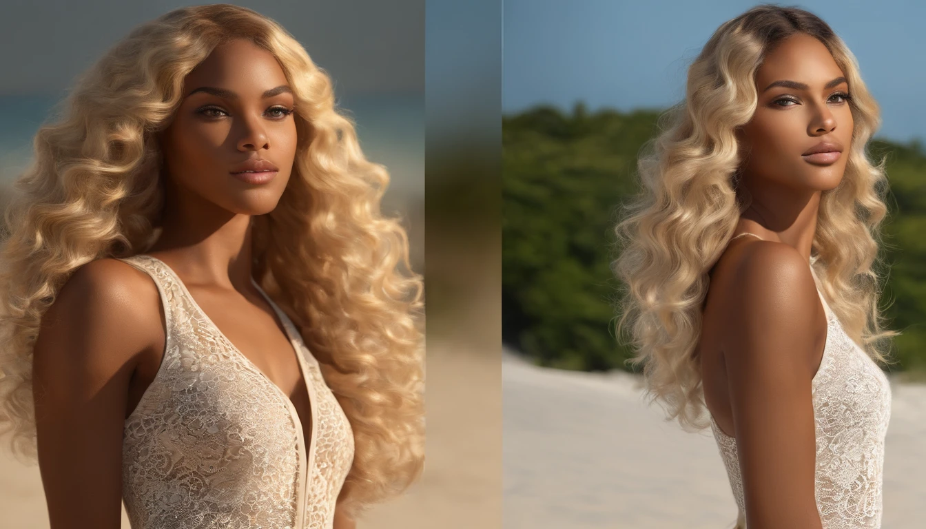 "Ultra-realistic image of a beautiful 21-year-old Afro-Latin girl, Caramel skin, perfect body, strong chest, thin nose, Thin waist, blonde hair, loose wavy hair Caribbean, piercing green eyes. hyper-realistic, correct anatomy Facial features are carefully represented Free loose wavy blonde hair, (yard, loose wavy blonde hair), Long loose wavy blonde hair, versatile hair, yard, loose wavy blonde hair, loose wavy blonde hair, loose wavy hair spread out, loose wavy Hair texture, loose wavy in a two piece bikini, on the beach, at sunset