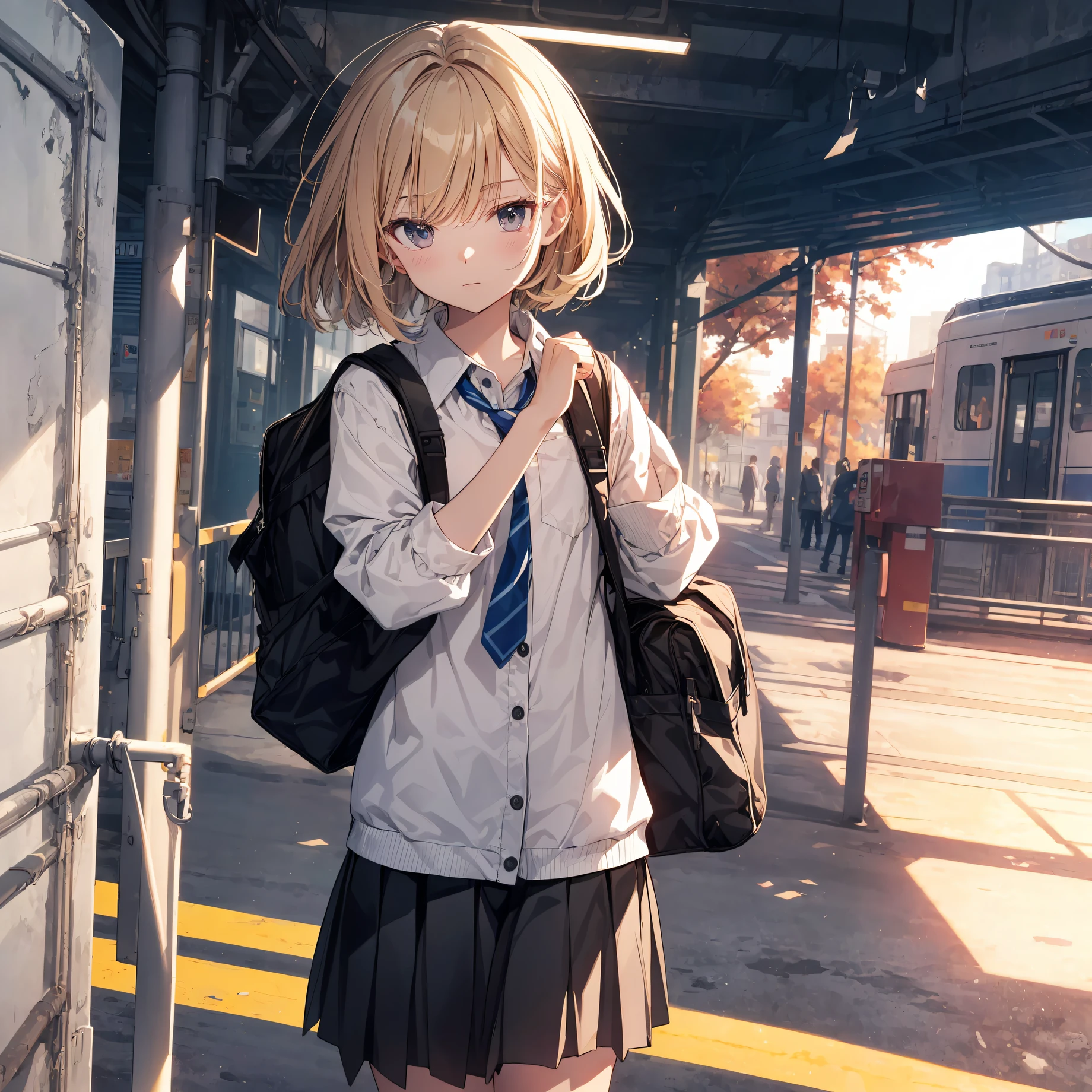 of the highest quality, anime moe art style,Best Anime 8K Konachan Wallpapers,Pixiv Contest Winner,Badass Anime 8K,Perfect Anatomy, (Draw a girl sleepily walking to school. ),BREAK, 1girl in, (Solo,Lori,,13yea:1.3),a junior gynous attraction, (Very short hair),hair messy, Full limbs, complete fingers,flat chest, Small butt, groin, Small eyes,Precise black eyes,disgusted eye, School uniform, Skirt,On the way to school. BREAK,Ultra-detailed,High resolution,super detailed skin, Professional Lighting,8k eye details, (cool illustration:1.2),