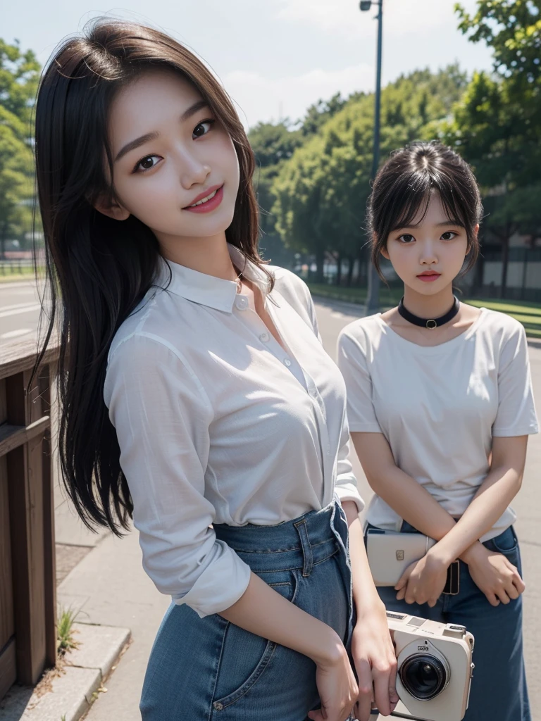 （超高分辨率，RAW photogr，realisticlying，tmasterpiece，best qualtiy：1.4），Complicated details，2 20 year old Korean girl，Wear a loose black T-shirt and skinny jeans，Stand on the grass and take pictures，hugs，Intimate relationships，Detailed meadow，A sweet smile on a small face，Ultra-realistic facial details，The face and skin are pink and white, and luminous，Playful and coquettish pose，The calves are straight and slender:1.2，Wear high-end brand sneakers:1.0，eventide：0.3，Broad lighting，naturalshadow：1.0，超高分辨率，taking a full body photo:1.8 --auto