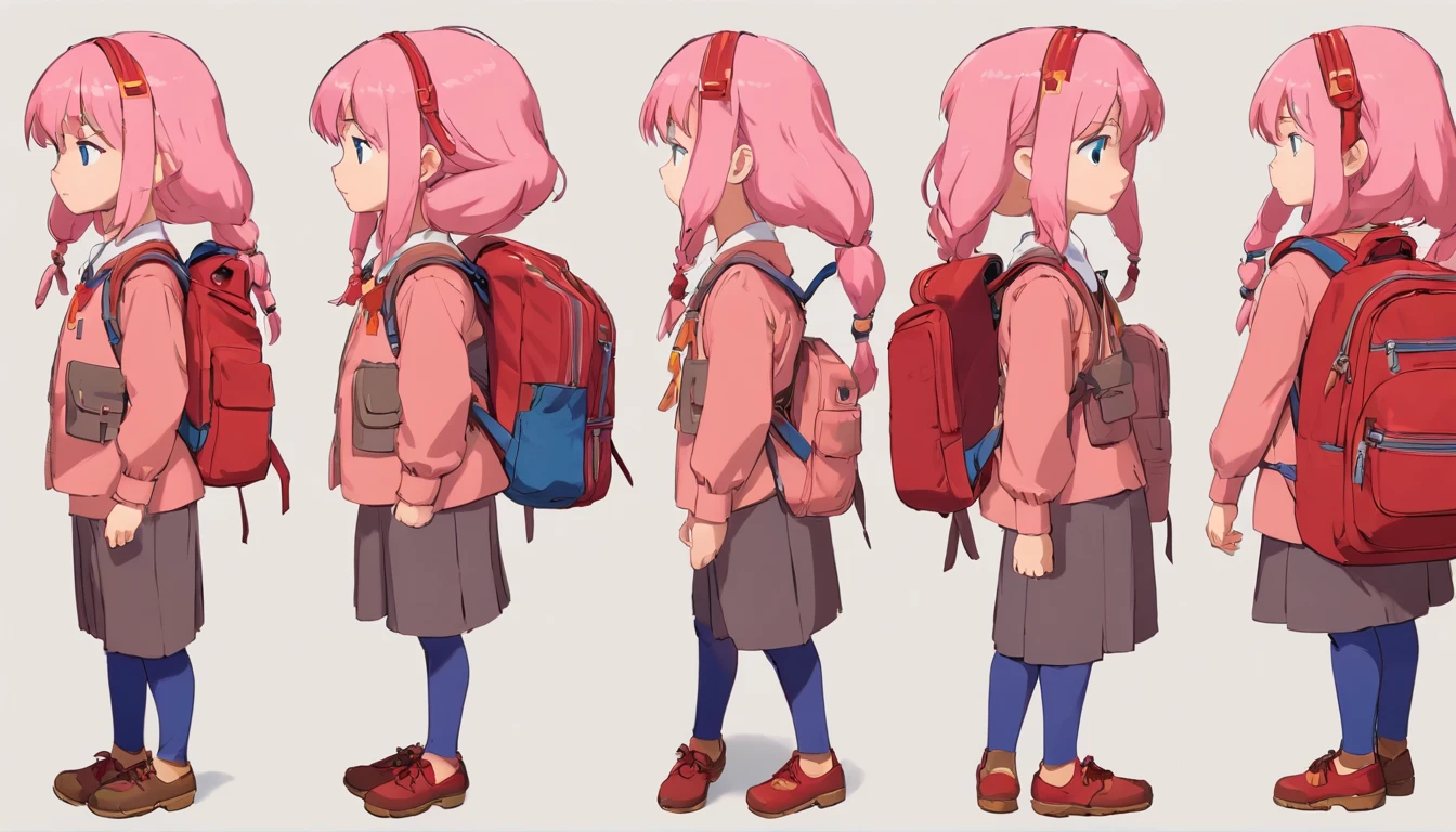  girl named Beverly Chandra with long flowy pink hair, blue eyes, dressed with red suit and backpack. ((character design sheet)) ((((different poses different angles))))