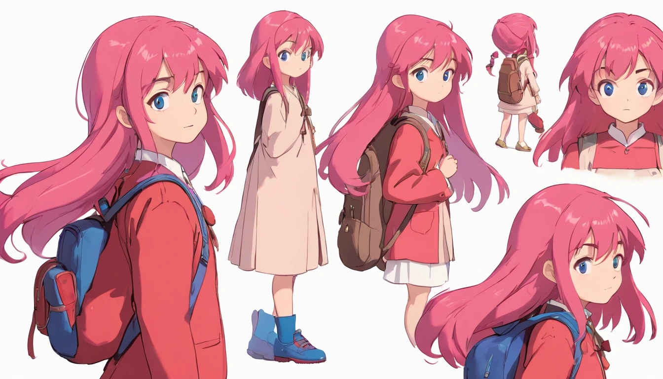  girl named Beverly Chandra with long flowy pink hair, blue eyes, dressed with red suit and backpack. ((character design sheet)) ((((different poses different angles))))