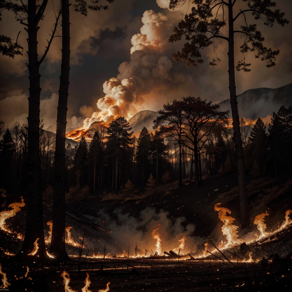 (burning forest),fire-licked trees,darkened skies,ominous atmosphere,thick smoke engulfing the surroundings,dreadful heat,melting leaves,reddish-orange glow,crackling sounds of flames,scattered embers,gusts of wind stoking the fire,trees swaying dangerously,distorted shadows dancing in the inferno,desolate feeling of destruction,flickering lights that hint at hope,majestic waterfall nearby offering a glimmer of relief,small animals seeking shelter,urgent need for water,rays of sunlight struggling to penetrate the dense smoke,powerful contrast between life and destruction,raw power of nature,reflective surface of a nearby lake capturing the fiery scene,stag standing tall amidst chaos,strong sense of urgency,devastating beauty,classical painting-like detail in depicting the raging fire,warmth of the light against the coolness of the forest,ethereal and haunting. (best quality,4k,highres:1.2),ultra-detailed,realistic,vivid colors,physically-based rendering,professional,photorealistic,portraits,color grading with warm tones,stark contrast,breathtaking composition,dramatic chiaroscuro lighting.