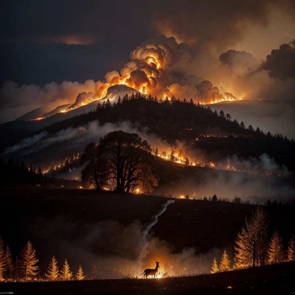 (burning forest),fire-licked trees,darkened skies,ominous atmosphere,thick smoke engulfing the surroundings,dreadful heat,melting leaves,reddish-orange glow,crackling sounds of flames,scattered embers,gusts of wind stoking the fire,trees swaying dangerously,distorted shadows dancing in the inferno,desolate feeling of destruction,flickering lights that hint at hope,majestic waterfall nearby offering a glimmer of relief,small animals seeking shelter,urgent need for water,rays of sunlight struggling to penetrate the dense smoke,powerful contrast between life and destruction,raw power of nature,reflective surface of a nearby lake capturing the fiery scene,stag standing tall amidst chaos,strong sense of urgency,devastating beauty,classical painting-like detail in depicting the raging fire,warmth of the light against the coolness of the forest,ethereal and haunting. (best quality,4k,highres:1.2),ultra-detailed,realistic,vivid colors,physically-based rendering,professional,photorealistic,portraits,color grading with warm tones,stark contrast,breathtaking composition,dramatic chiaroscuro lighting.