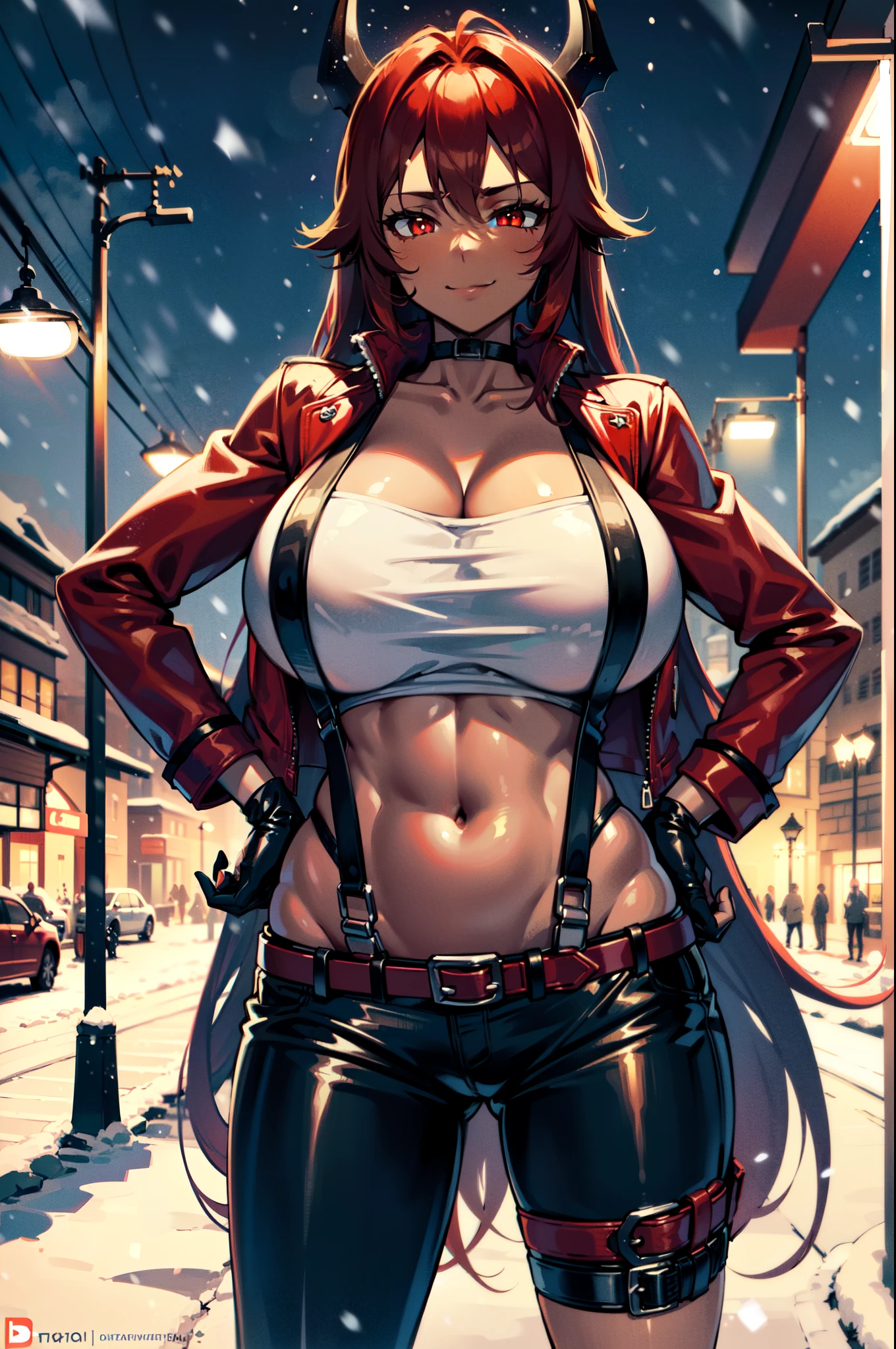 masterpiece, best quality, extremely detailed, 1girl, mature female, solo, (dark brown skin:1.7), nikkeredhood, (huge breasts:1.3), ((((red hair), very long hair, red eyes, slit pupils, horns))), (((collarbone, navel, midriff, red crop jacket, belt, black pants, thigh strap, black gloves, suspenders))), ((light smile), closed mouth), ((hands on own hips, cityscape, streetlight, winter, snowing))