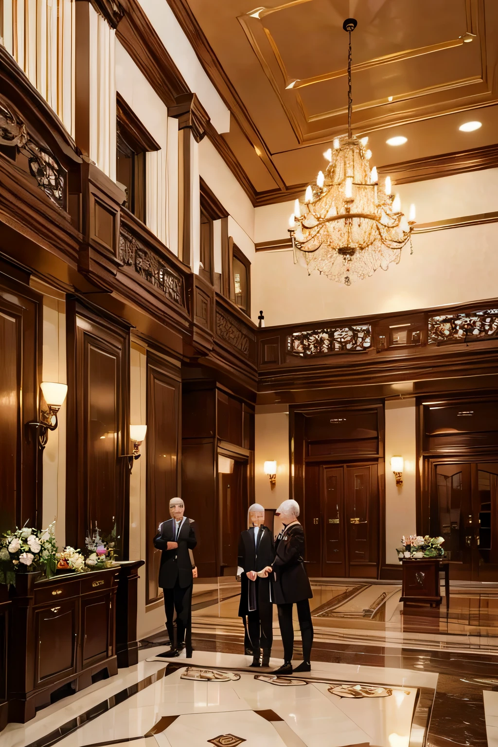 In the hotel lobby，Three men in their 30s walked into the hotel counter to check in，The medium scene is，high-definition picture quality