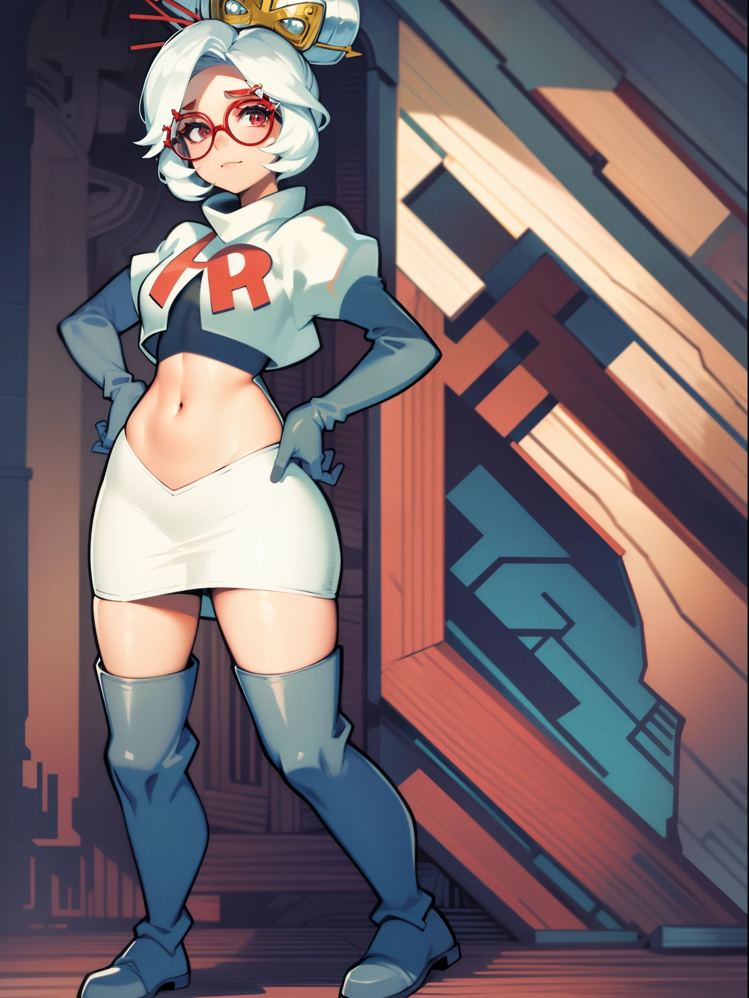 masterpiece, best quality, purah, red glasses, hair ornament,1girl,team rocket,team rocket uniform, red letter R, white skirt,white crop top,black thigh-high boots,black elbow gloves, hand on hips,
