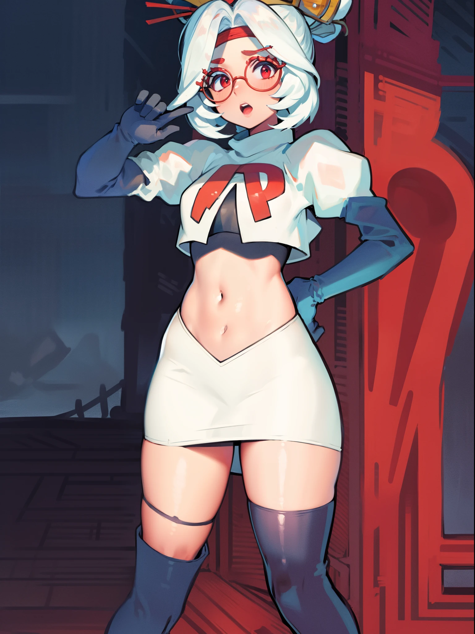 masterpiece, best quality, purah, red glasses, hair ornament,1girl,team rocket,team rocket uniform, red letter R, white skirt,white crop top,black thigh-high boots,black elbow gloves, hand on hips,