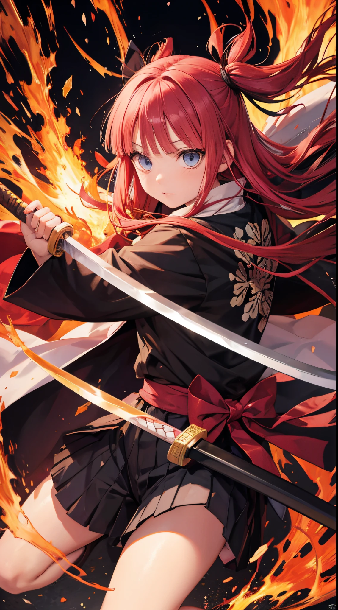 Nino Nakano,uniforme de kimetsu no yaiba,Pueblo,wielding a sword of fire,postura de combate