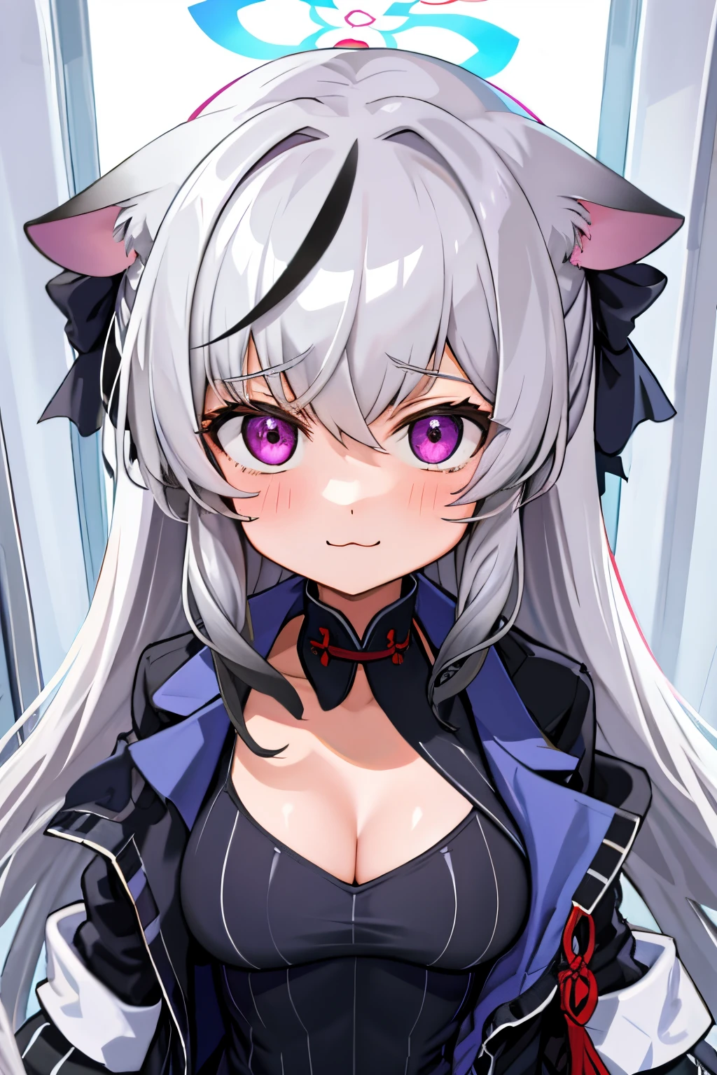 tmasterpiece， best qualtiy， ultra - detailed， 1girll，Gray hair Kokona， inside in room， Purple eye， ：3，the face， closeup cleavage