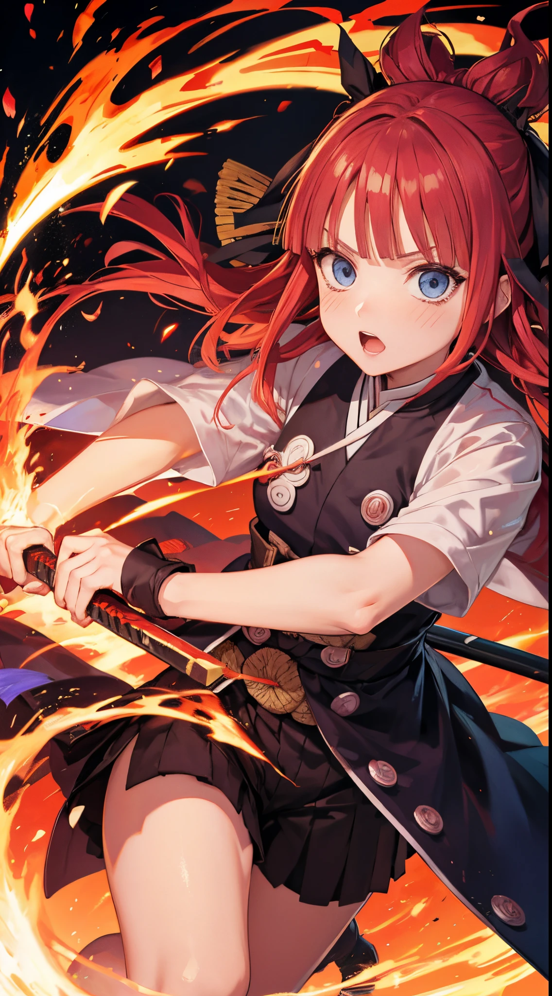 Nino Nakano,uniforme de kimetsu no yaiba,Pueblo,wielding a sword of fire,postura de combate