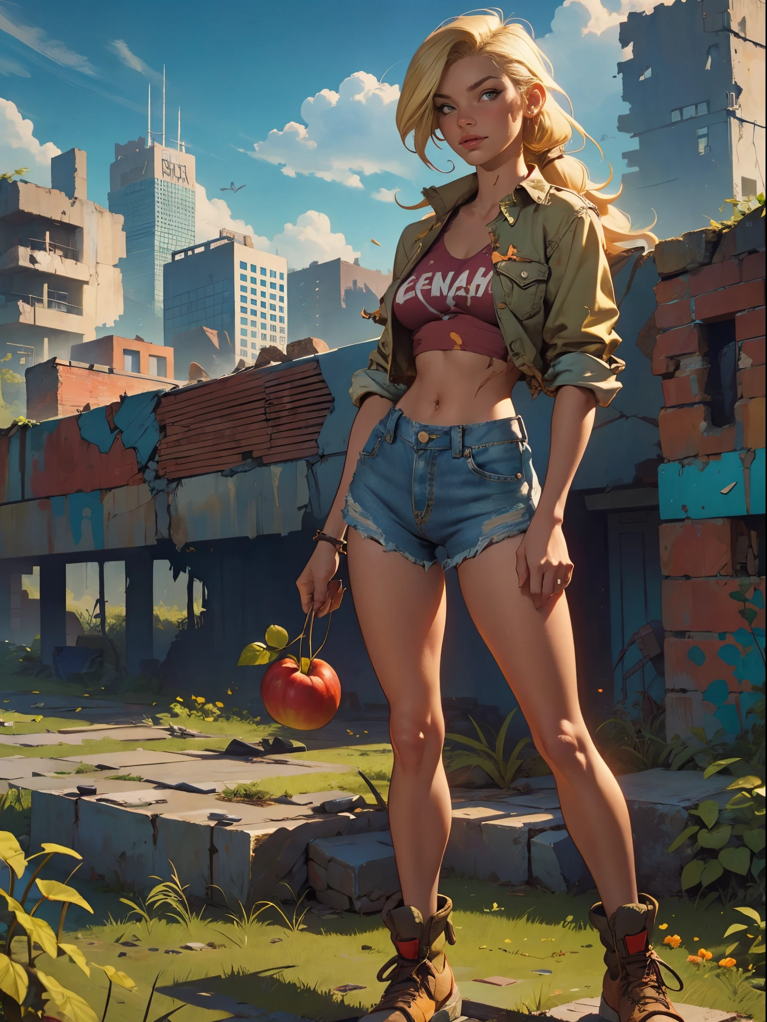 2076 year. The Urban Ruins of the Wasteland, Female huntress picking fruit in the garden, beautiful face, blonde, badly torn shirt and denim shorts , long legs, sweating through, sun rising, Nice warm colors, head to toe, full body shot, pretty hands, perfect fingers,