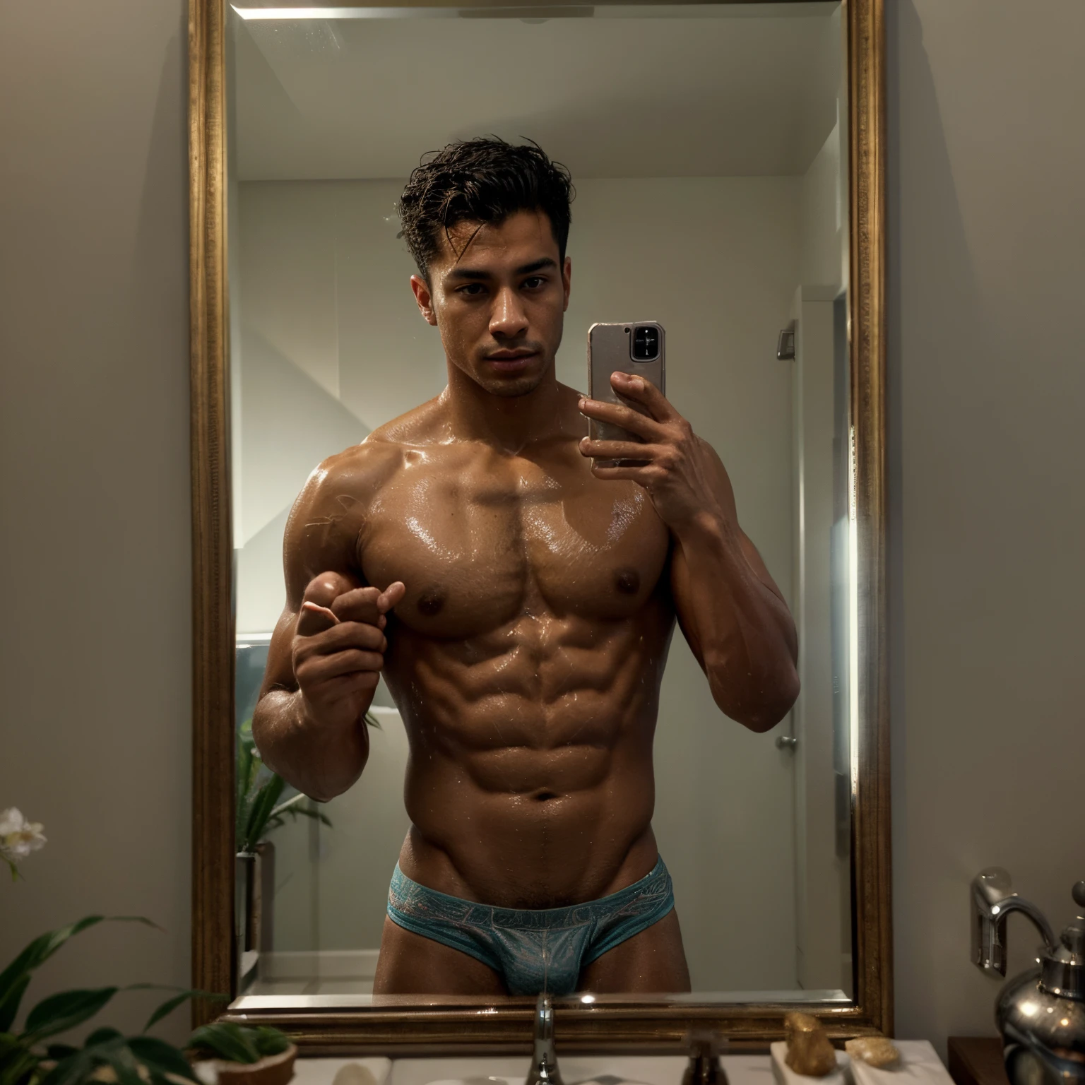 Masterpiece, cinematic, ultra high quality, high defintion, amazing, beautiful textures, ultra reaistic, water smoke, vapor. Handsome and musculated mixed race man reflected in the mirror, taking a selfie, mirror blurred by water vapor, only the young man's face is clearly visible
