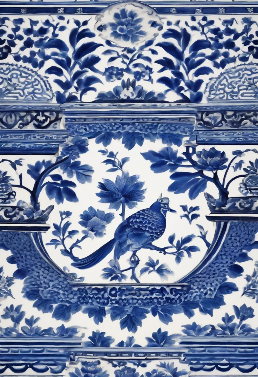 Gorgeous patterns,Chinese motif,Traditional pattern,Blue and white porcelain traditional pattern,Combining geometric patterns with animal and plant patterns