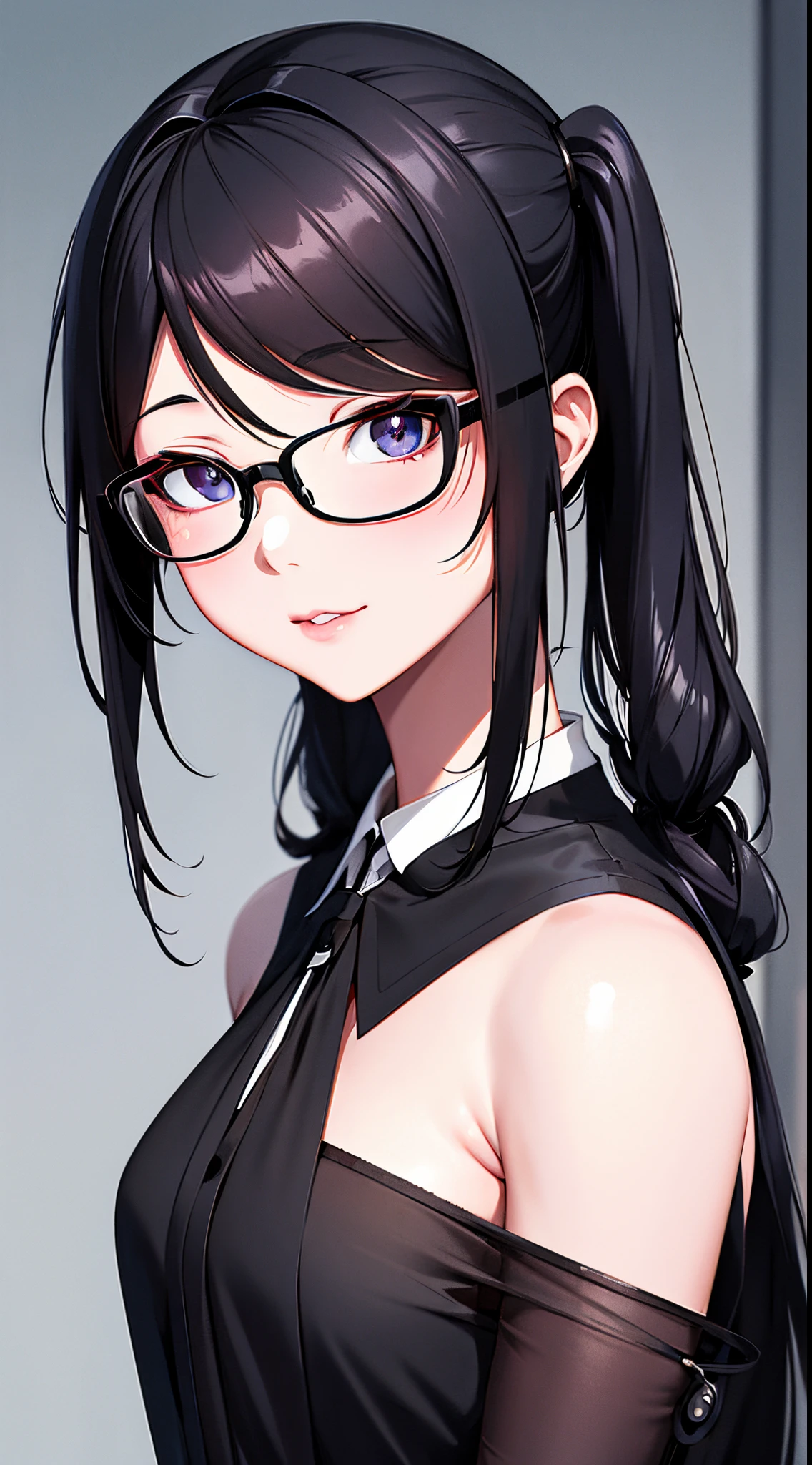 A woman wearing glasses and a black dress is posing, photorealistic anime girl render, artwork in the style of guweiz, kawaii realistic portrait, Hyper realistic anime, with black pigtails, realistic young anime girl, photorealistic anime, 3 d anime realistic, 8K portrait rendering, Realistic anime art style, Anime Realism Style, a hyperrealistic schoolgirl