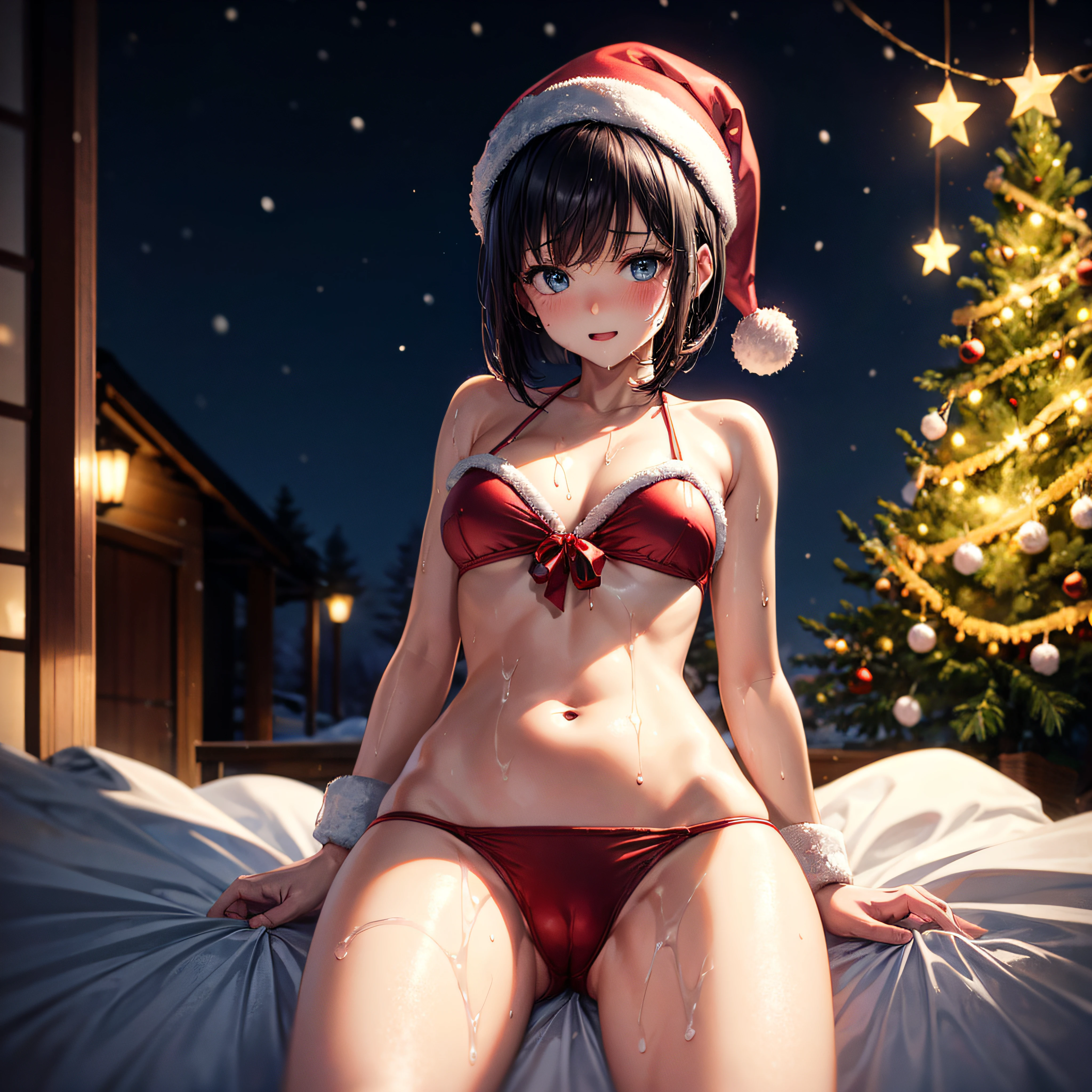 realisitic、top-quality、Slender beauty、straight haired、(Black hair)、Medium bob、blue eyess、E-cup、28 year old、Santa Claus Costume、((red santa claus bikini))、White High Socks、Santa Claus hat、Christmas、Naughty Poses、Christmas tree、Winter scene、illuminations、My crotch is wet