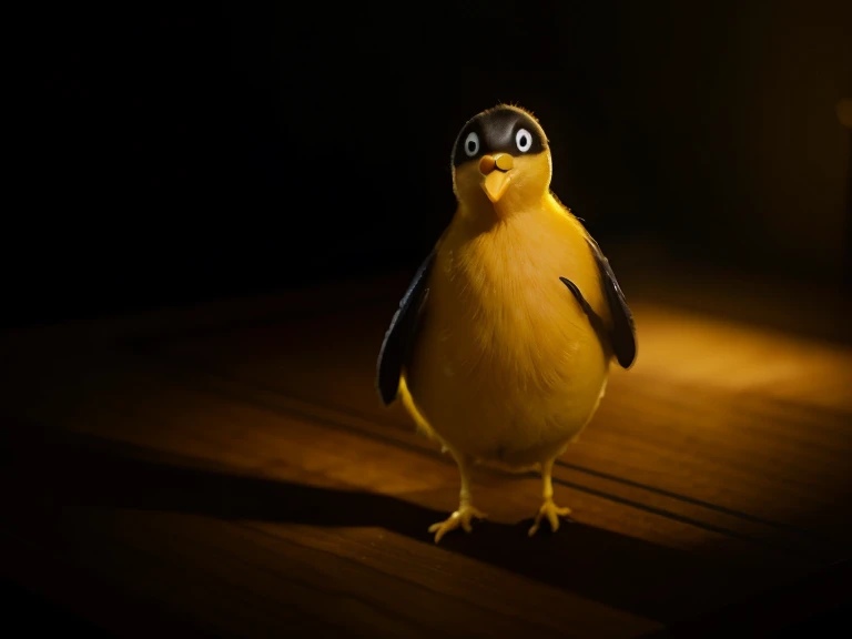 Yellow chick in black suit standing on dining table,Pixar animation style