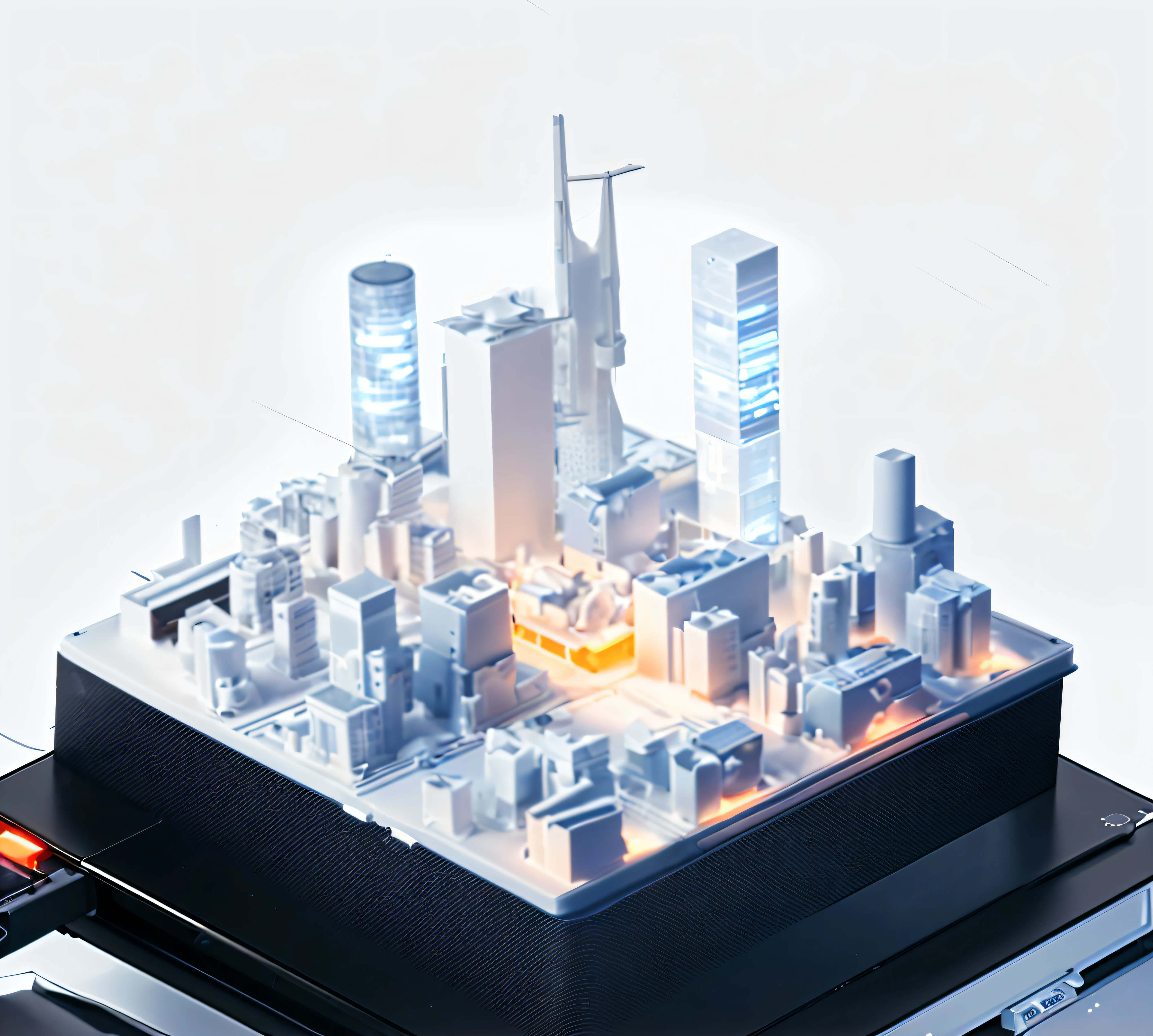 2.5 days,There is a black frame on the top of the printer,White lines background, sense of science and technology,On top of this box is a ((城市)), The city is surrounded by water on all sides,Black 3D cuboid device, extremely high quality scan, Photolithography, computer generated, Professional high-quality scanning, Olympus platform, Laser atomic microscope, highly detailed composition, Precise isometric viewing angle, Efficient, Computer rendering, Super accurate, High-quality scanning, 3d computer render, Deakin,Overclocked renderer